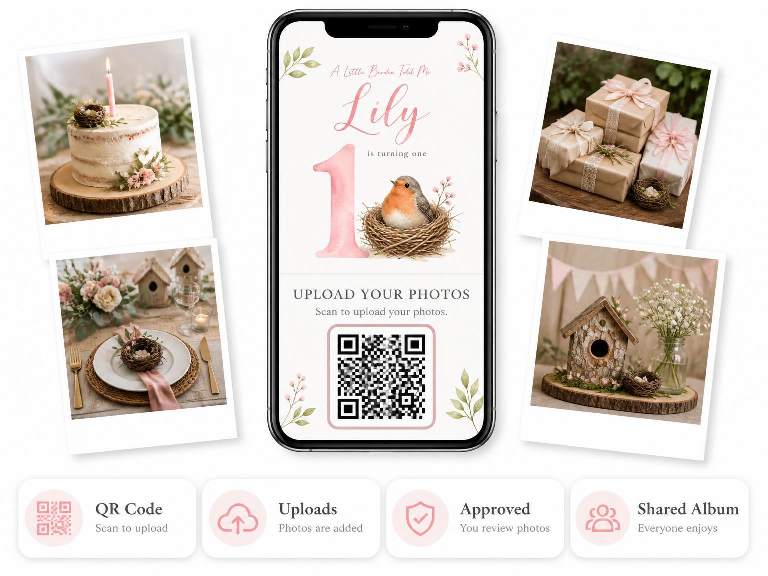 The shared photo gallery that comes with the Watercolor Robin Nest First Birthday invitation