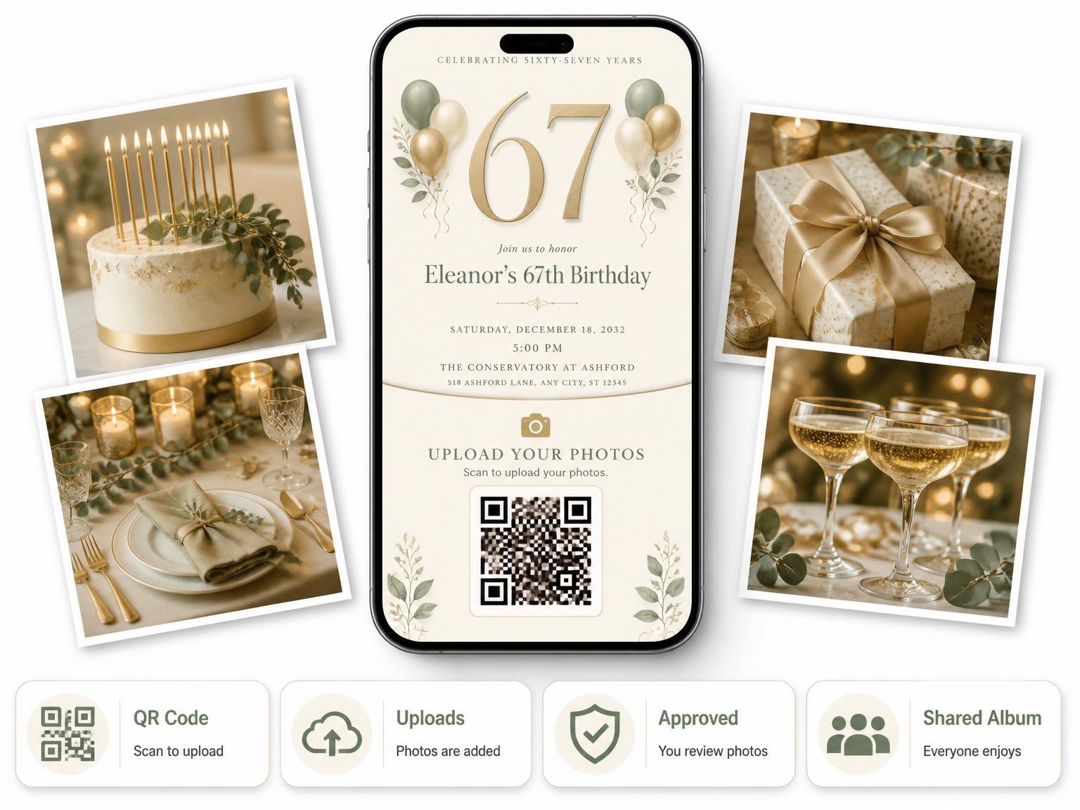 The shared photo gallery that comes with the Sage and Ivory 67th Birthday Invitation invitation