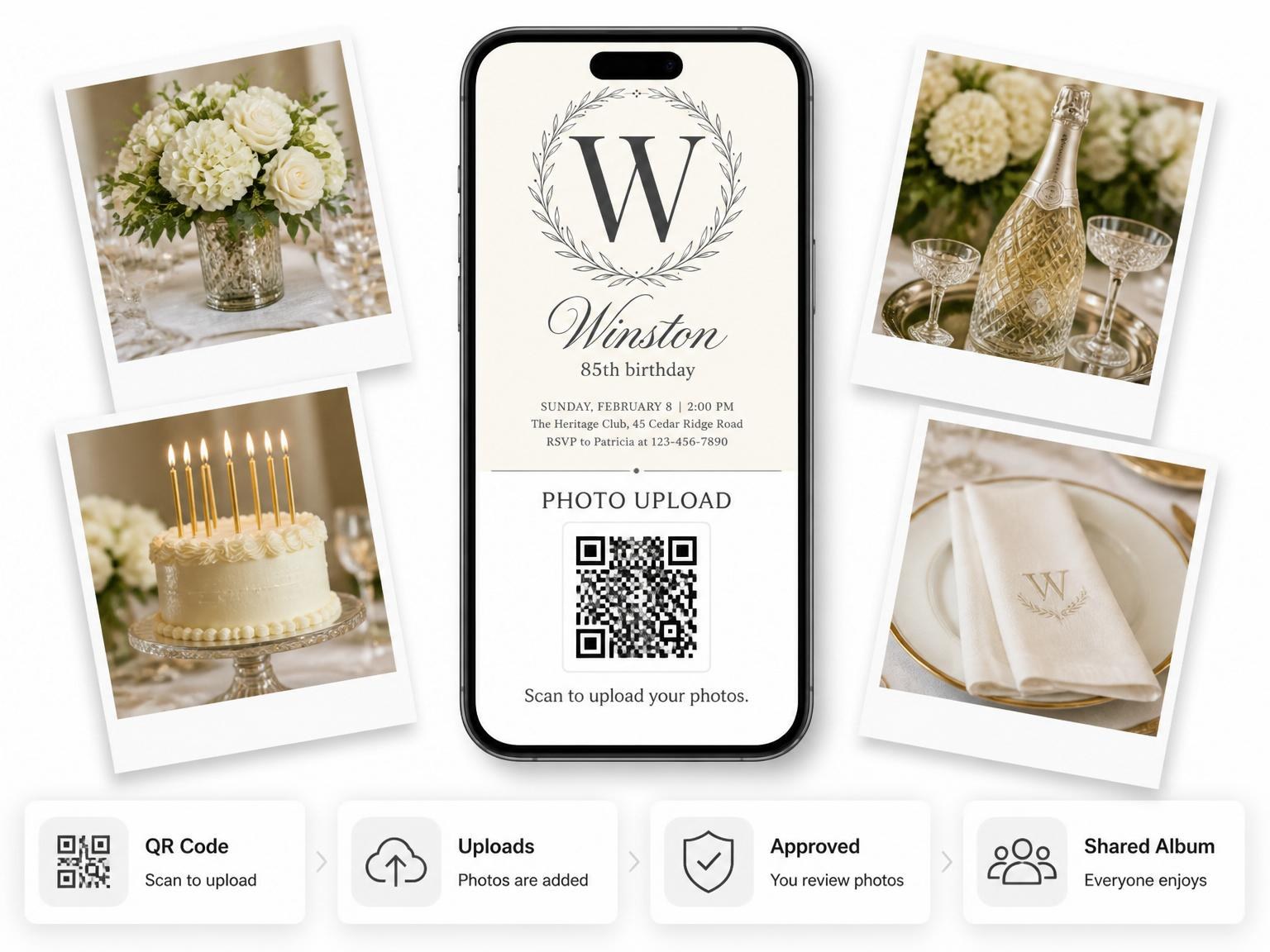The shared photo gallery that comes with the Monogram Laurel Botanical 85th Birthday Invitation invitation