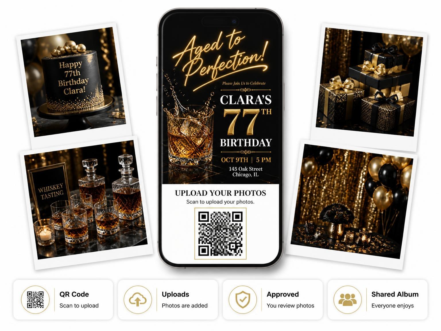 The shared photo gallery that comes with the Whiskey Tumbler 77th Birthday Invitation invitation