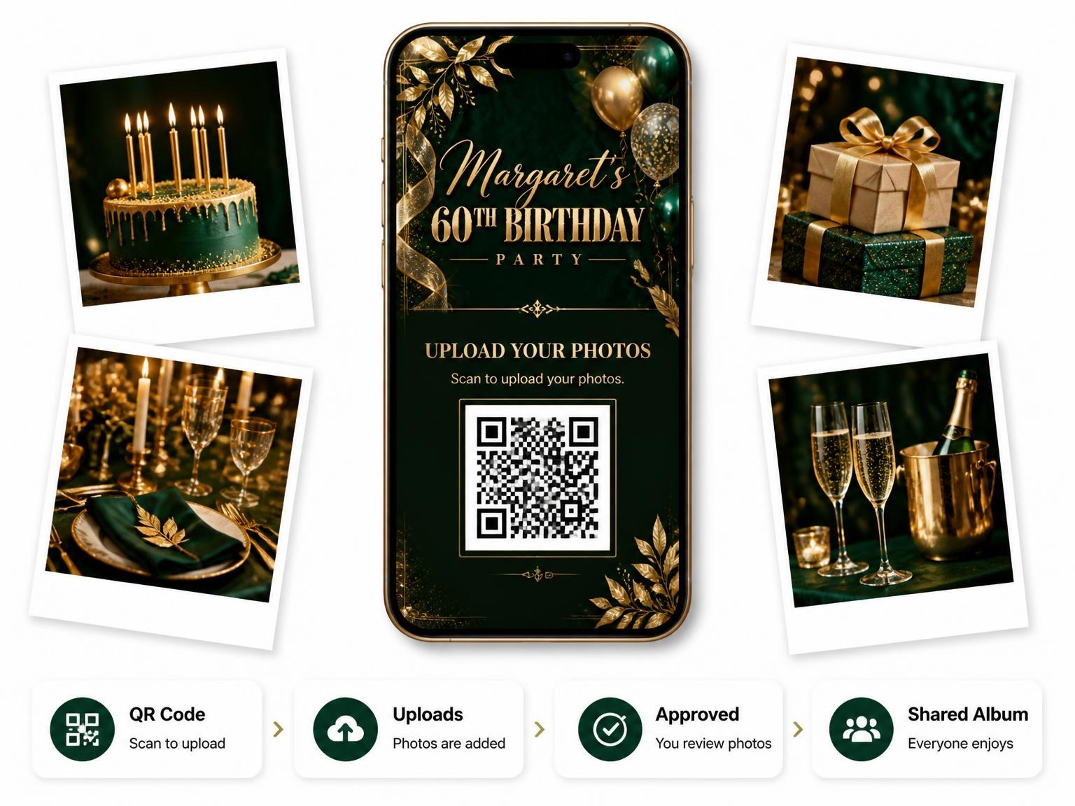 The shared photo gallery that comes with the Emerald and Champagne 60th Birthday Invitation invitation