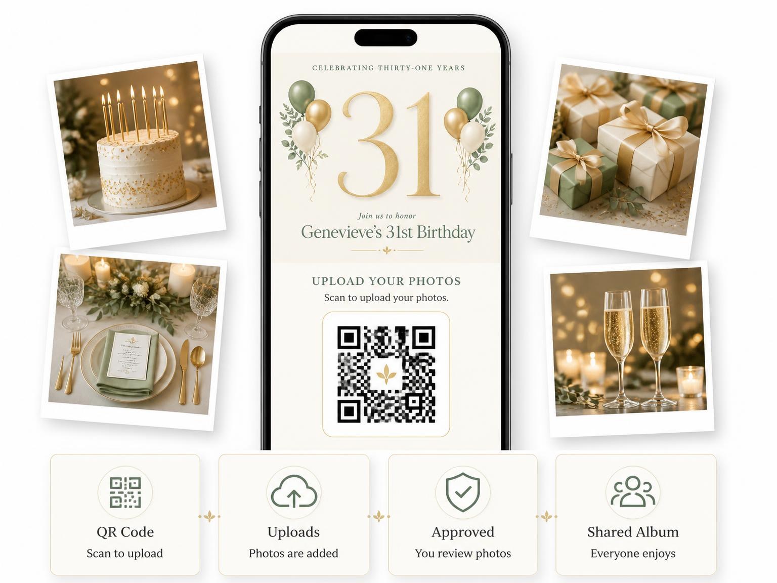 The shared photo gallery that comes with the Sage and Ivory 31st Birthday Invitation invitation