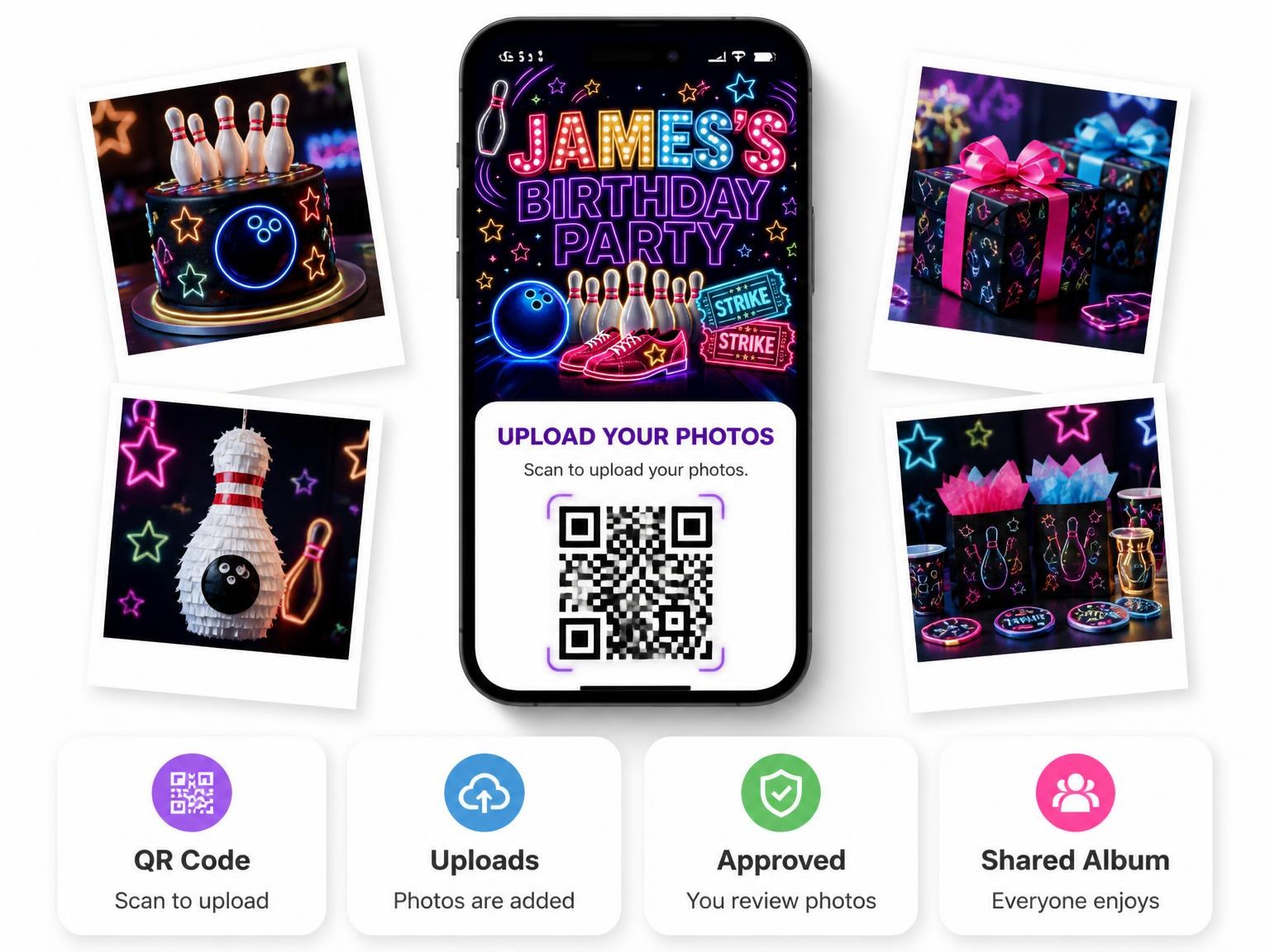 The shared photo gallery that comes with the Neon Bowling 5th Birthday Invitation invitation