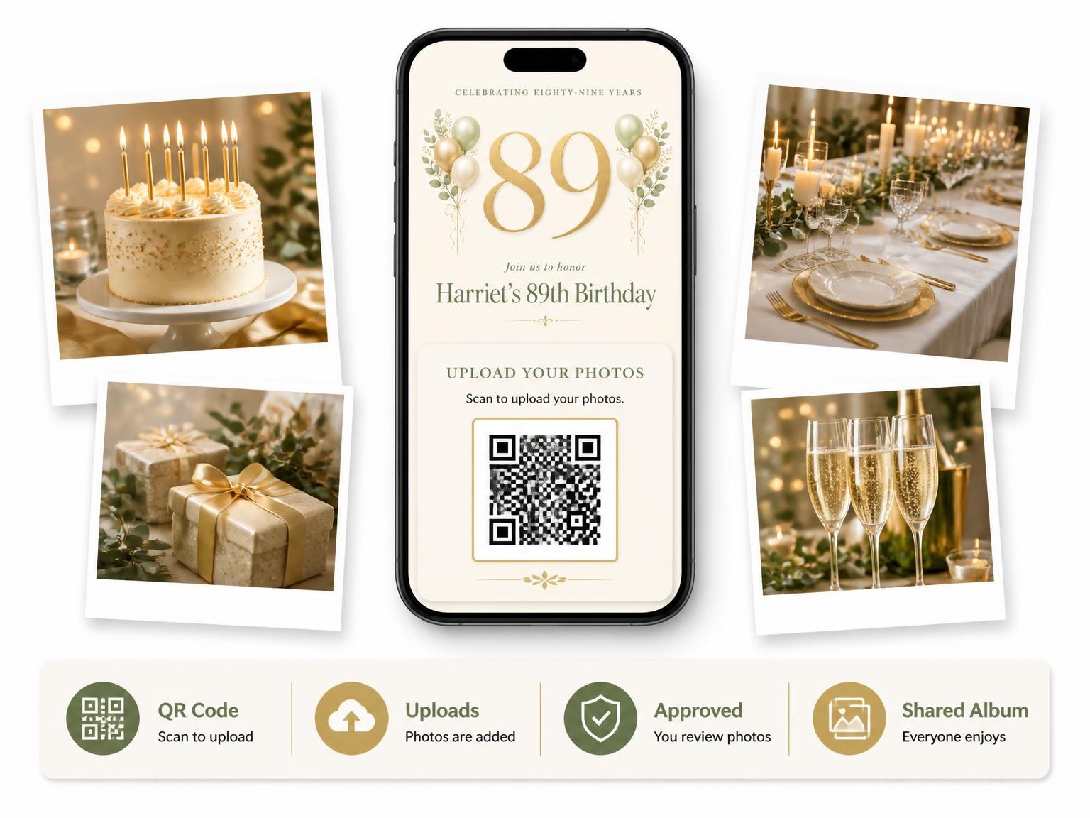 The shared photo gallery that comes with the Sage and Ivory 89th Birthday Invitation invitation