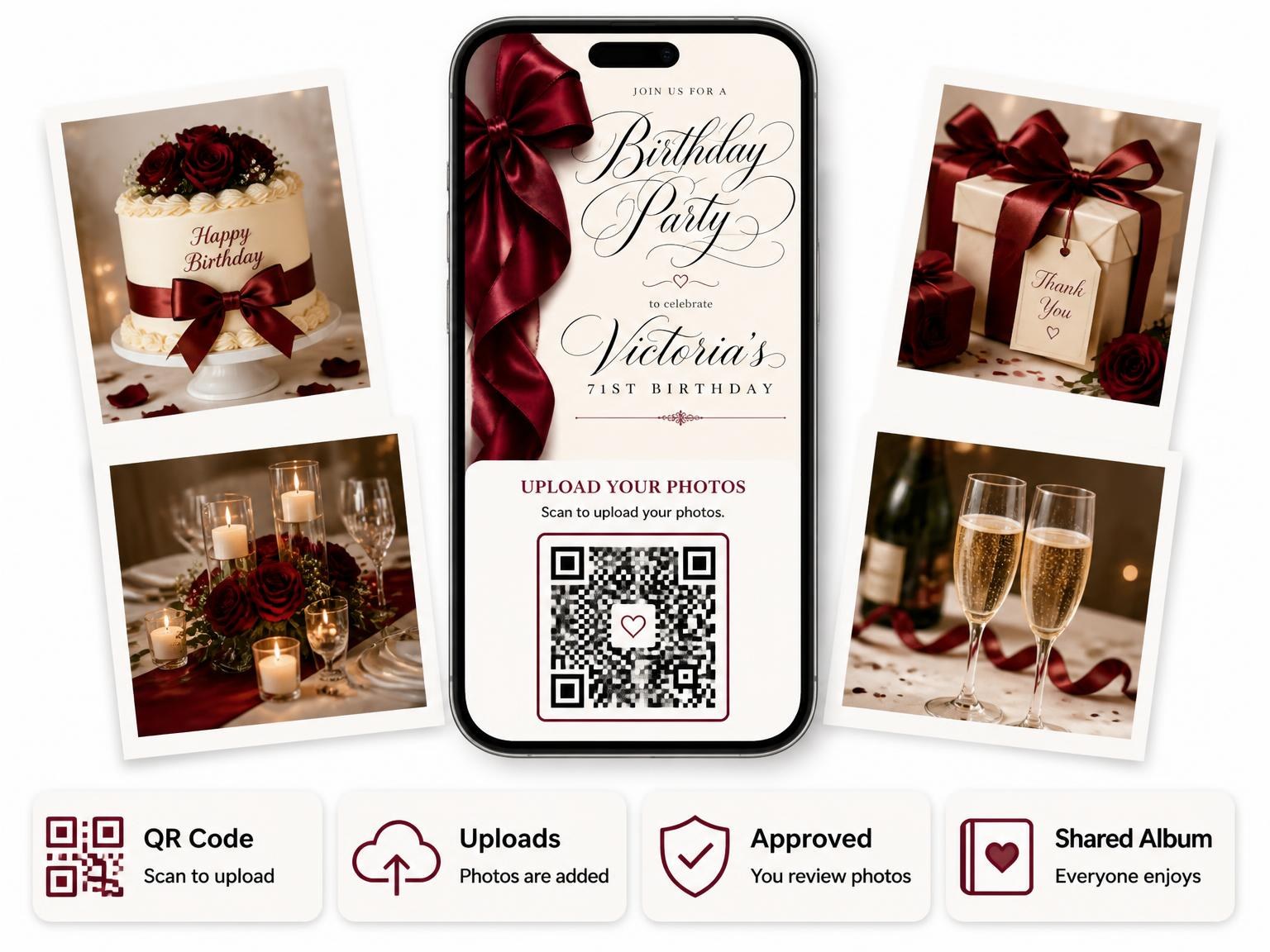 The shared photo gallery that comes with the Burgundy Satin Bow 71st Birthday Invitation invitation