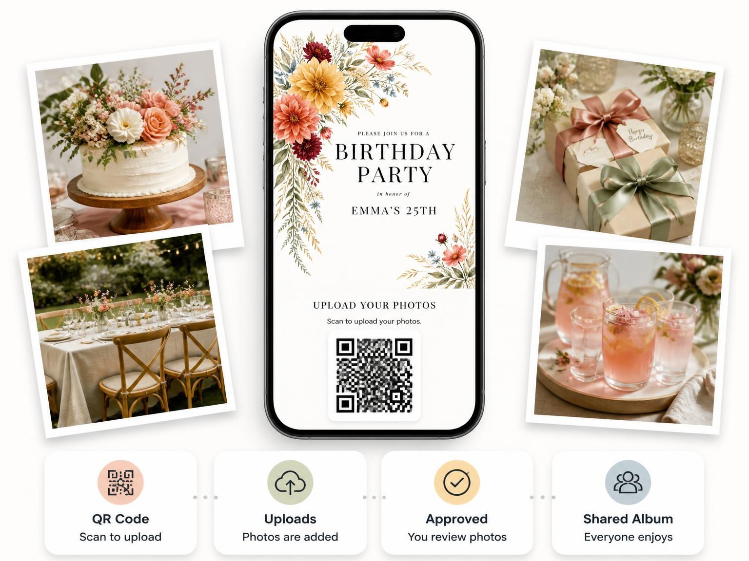 The shared photo gallery that comes with the Floral Bouquet Golden 25th Birthday Invitation invitation