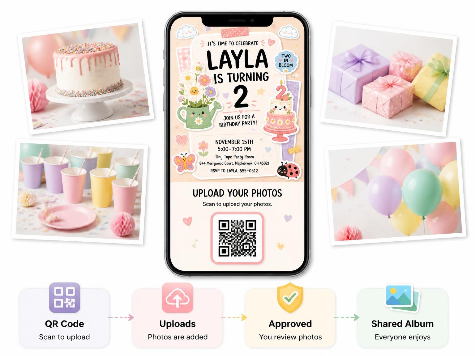 The shared photo gallery that comes with the Garden Critters Pastel 2nd Birthday Invitation invitation