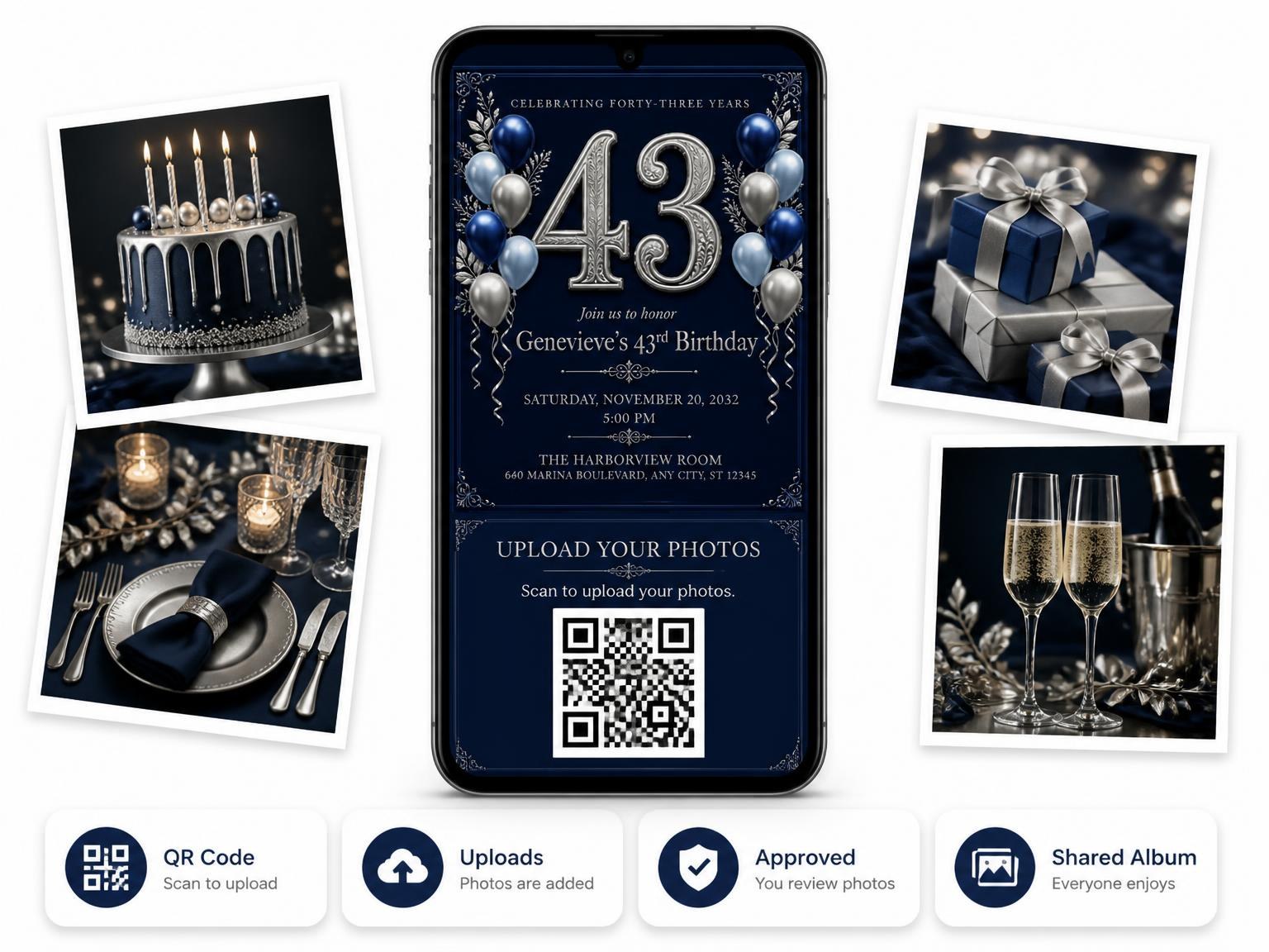 The shared photo gallery that comes with the Navy and Silver 43rd Birthday Invitation invitation