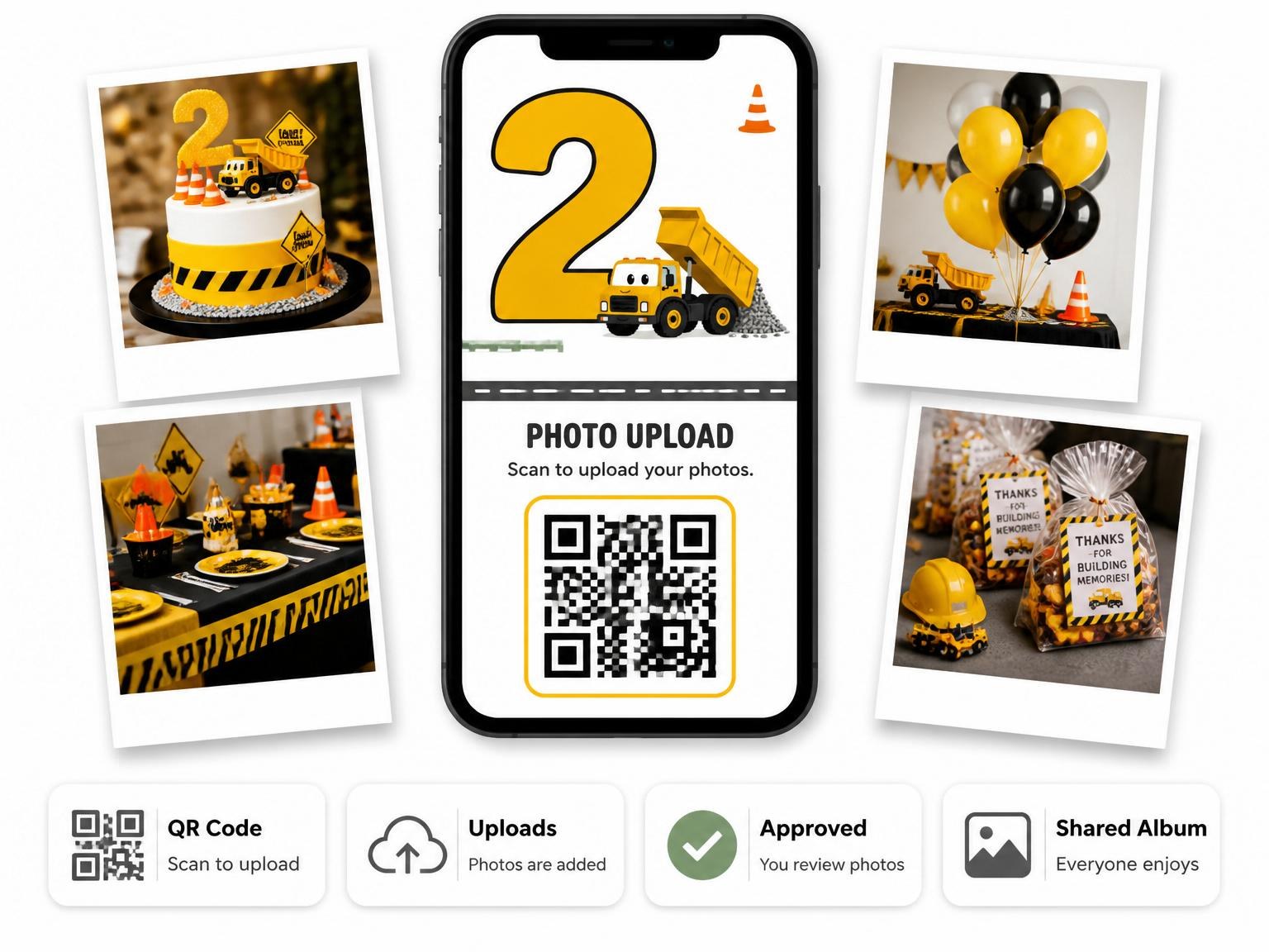 The shared photo gallery that comes with the Cartoon Construction Truck 2nd Birthday invitation