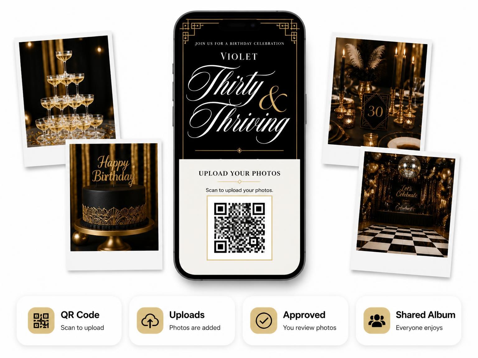 The shared photo gallery that comes with the Art Deco 30th Birthday Invitation invitation