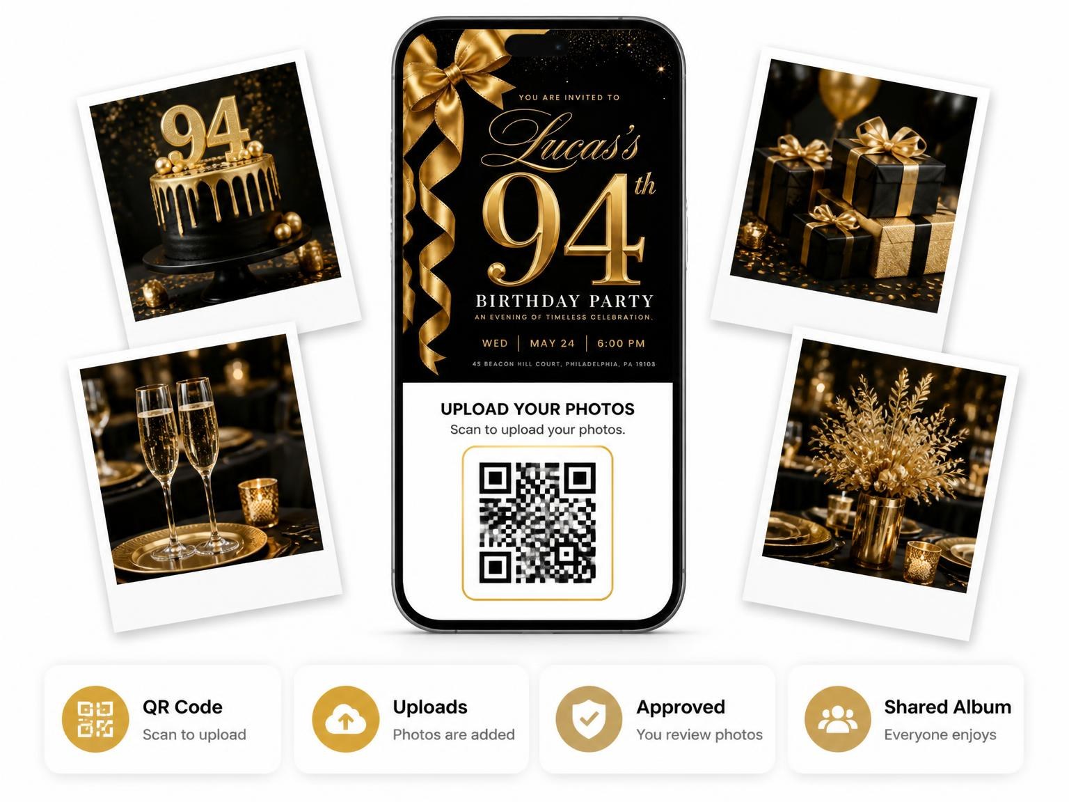 The shared photo gallery that comes with the Black and Gold Ribbon 94th Birthday invitation