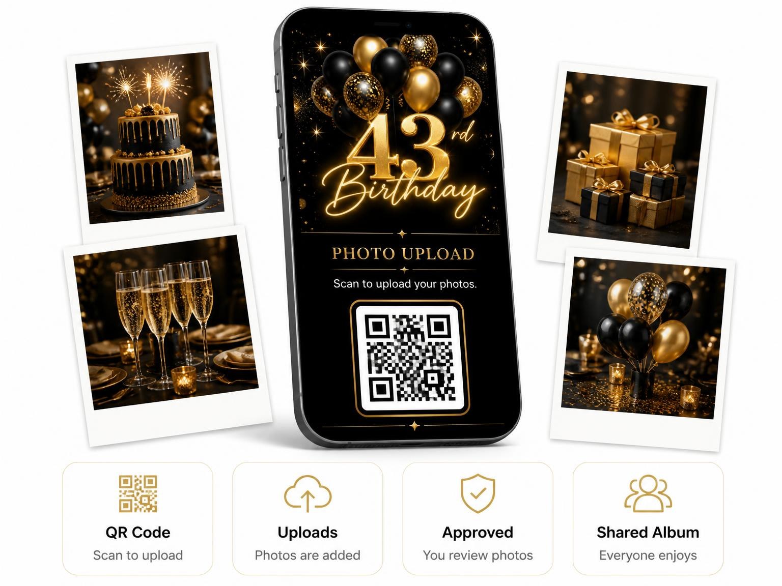 The shared photo gallery that comes with the Black and Gold Balloon 43rd Birthday invitation