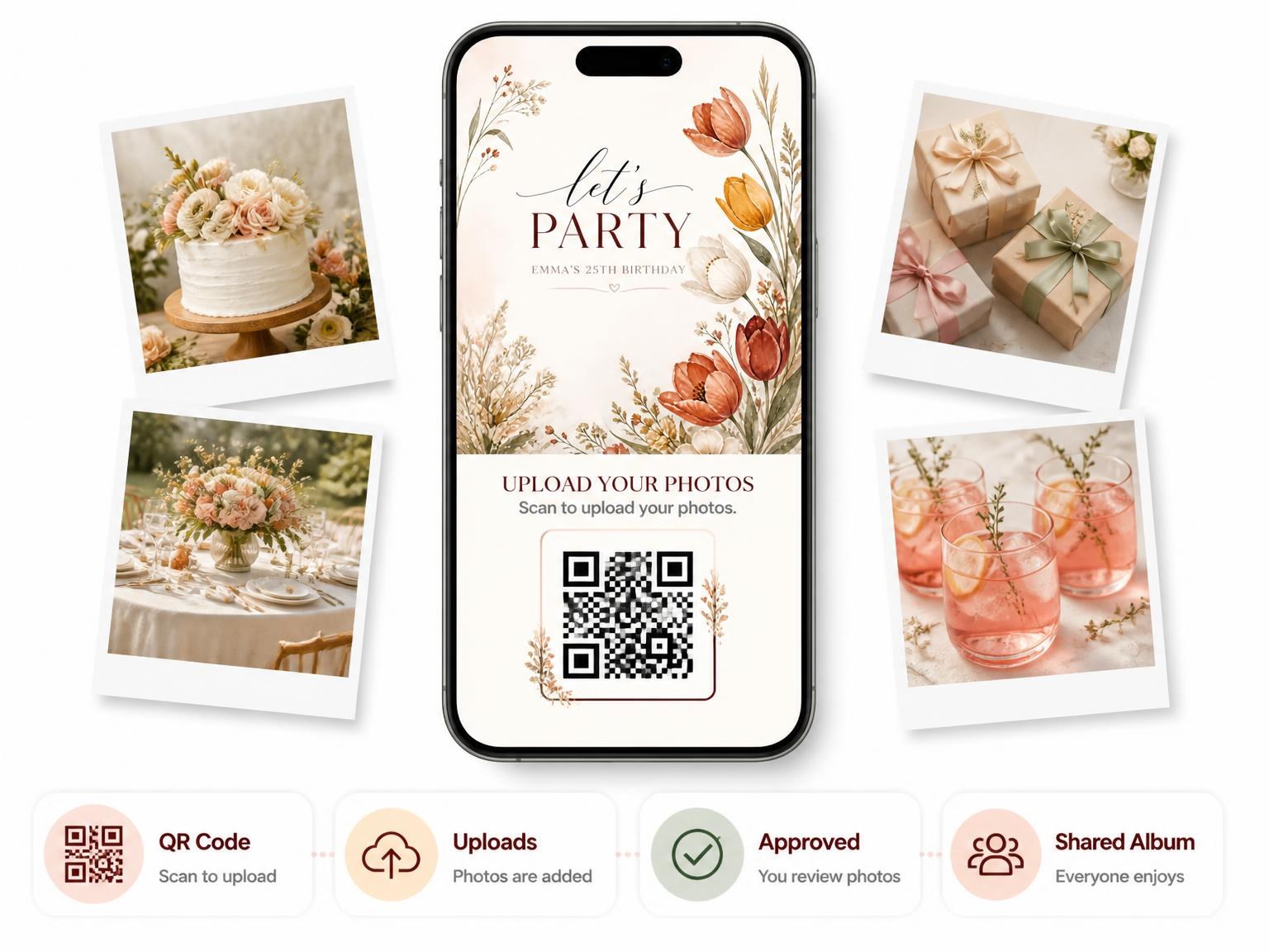 The shared photo gallery that comes with the Botanical Bouquet 25th Birthday Invitation invitation
