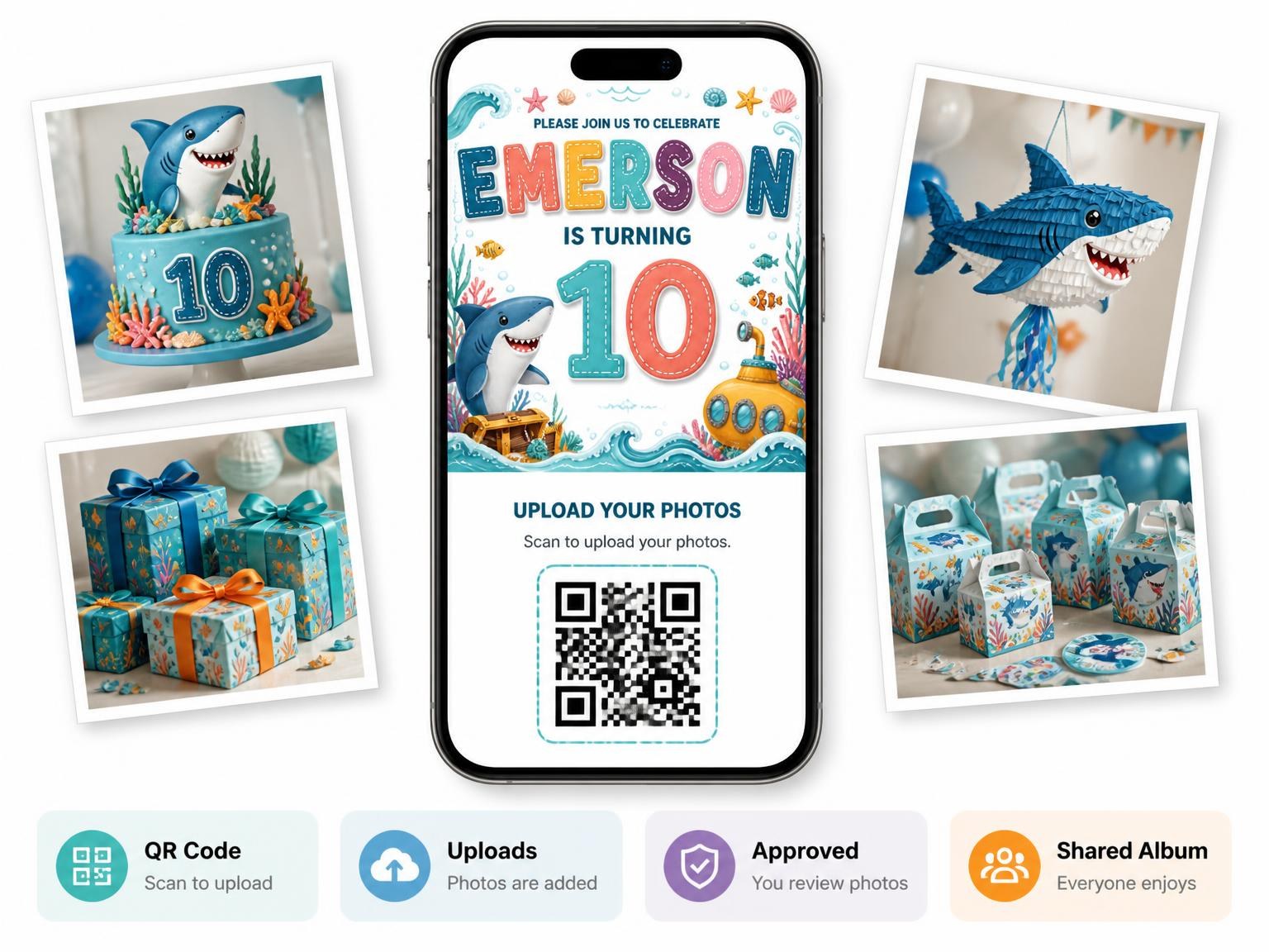 The shared photo gallery that comes with the Stitched Shark 10th Birthday Invitation invitation