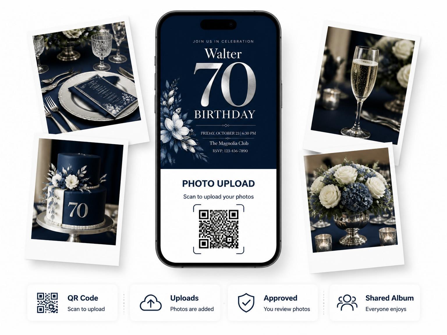 The shared photo gallery that comes with the Navy Silver Floral 70th Birthday invitation