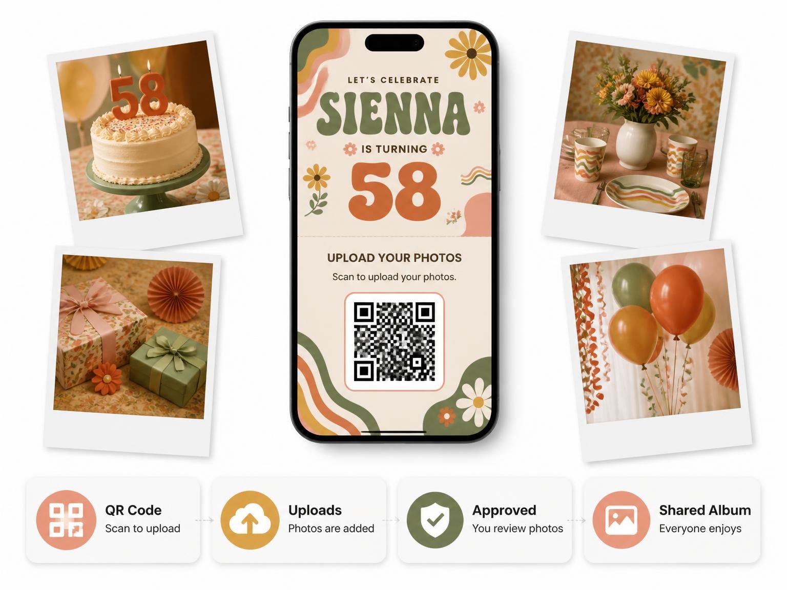 The shared photo gallery that comes with the Groovy Retro 58th Birthday Invitation invitation
