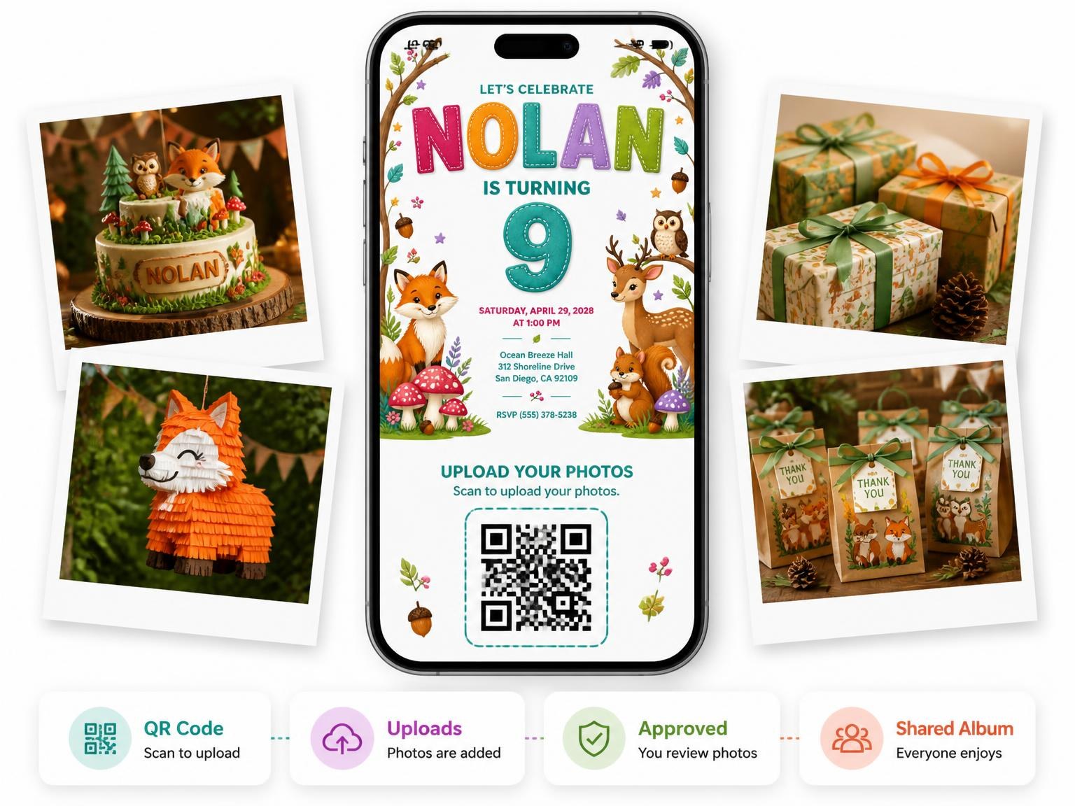 The shared photo gallery that comes with the Stitched Woodland 9th Birthday Invitation invitation