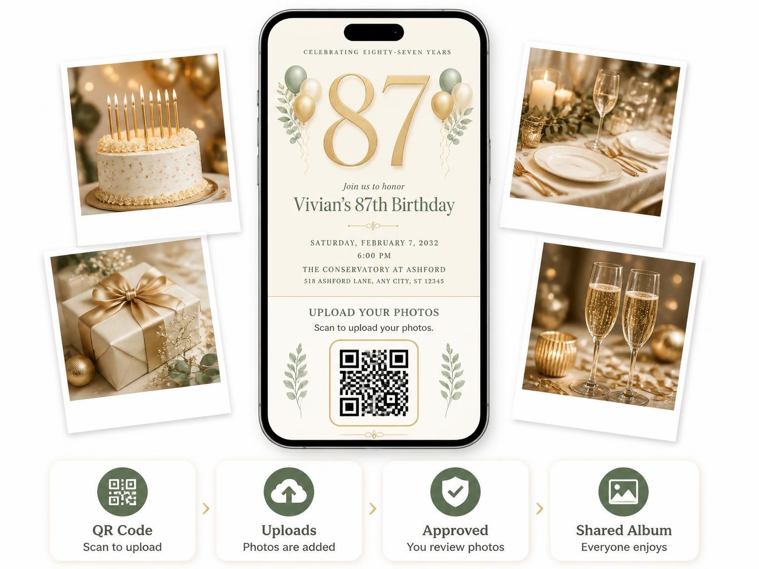 The shared photo gallery that comes with the Sage and Ivory 87th Birthday Invitation invitation