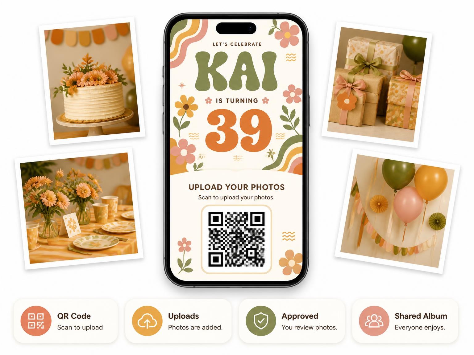 The shared photo gallery that comes with the Groovy Retro 39th Birthday Invitation invitation