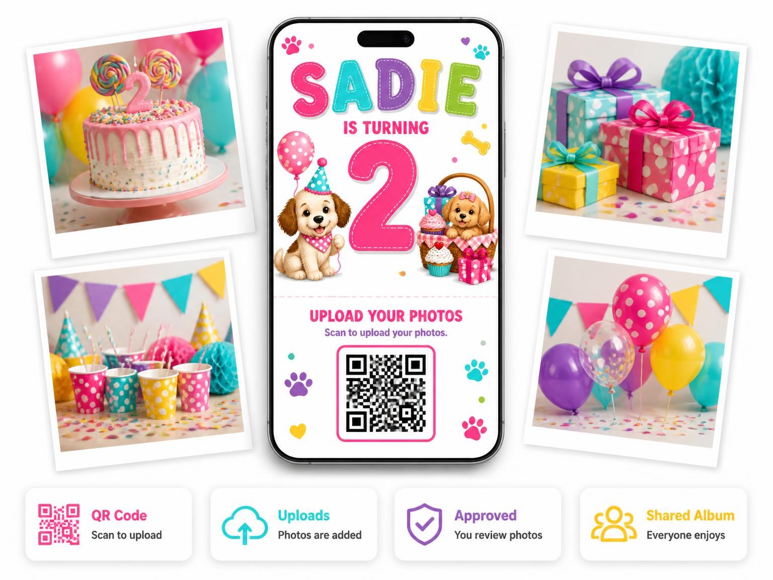 The shared photo gallery that comes with the Puppy Stitched 2nd Birthday Invitation invitation
