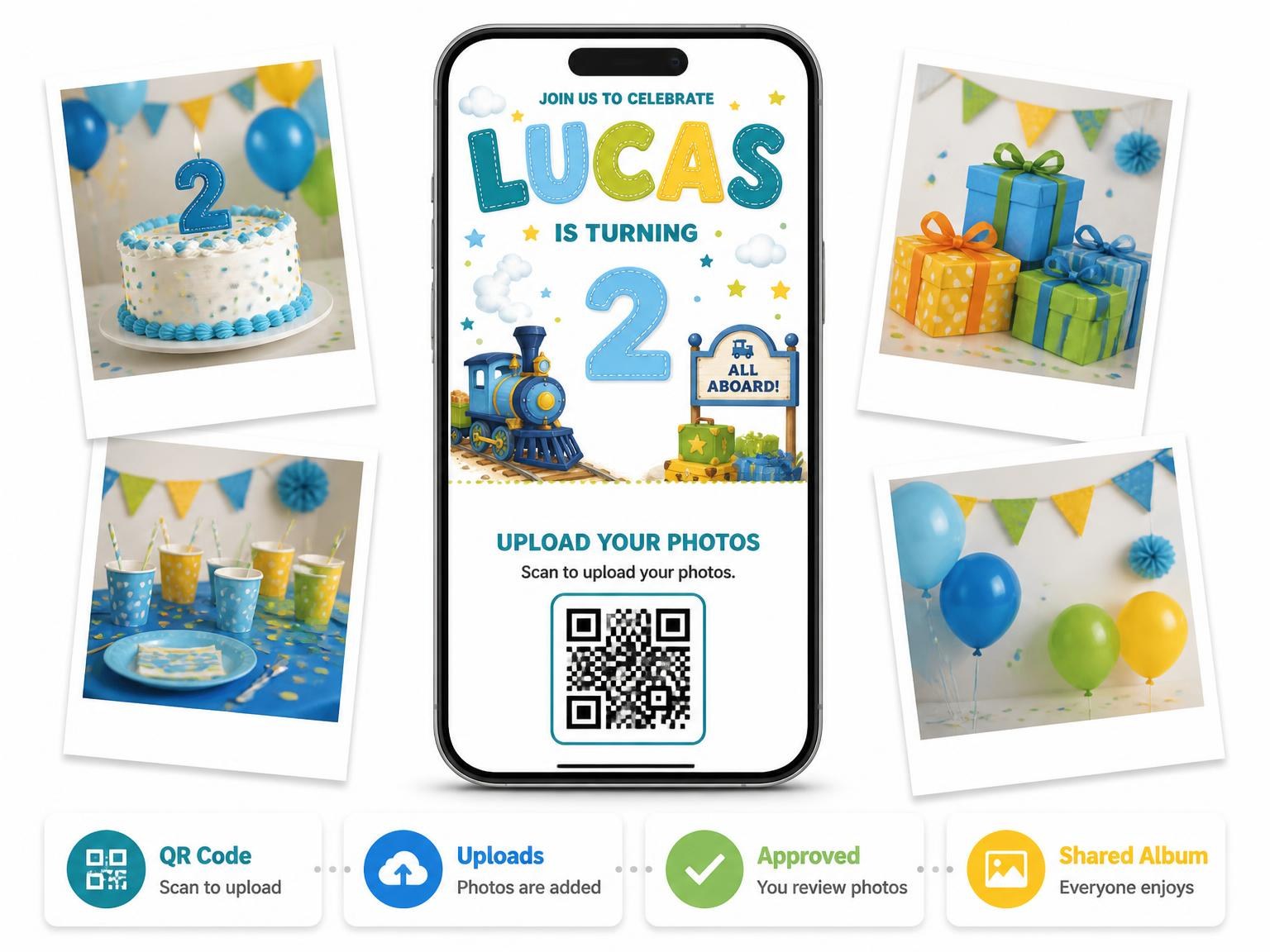 The shared photo gallery that comes with the Stitched Train Station 2nd Birthday Invitation invitation