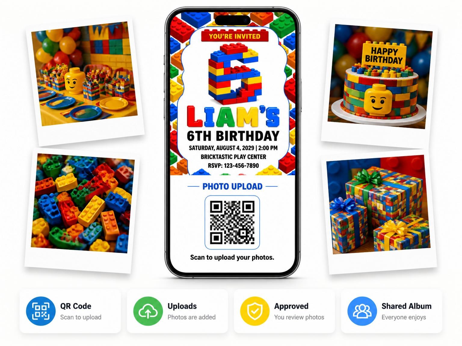 The shared photo gallery that comes with the Primary Color Building Block 6th Birthday invitation