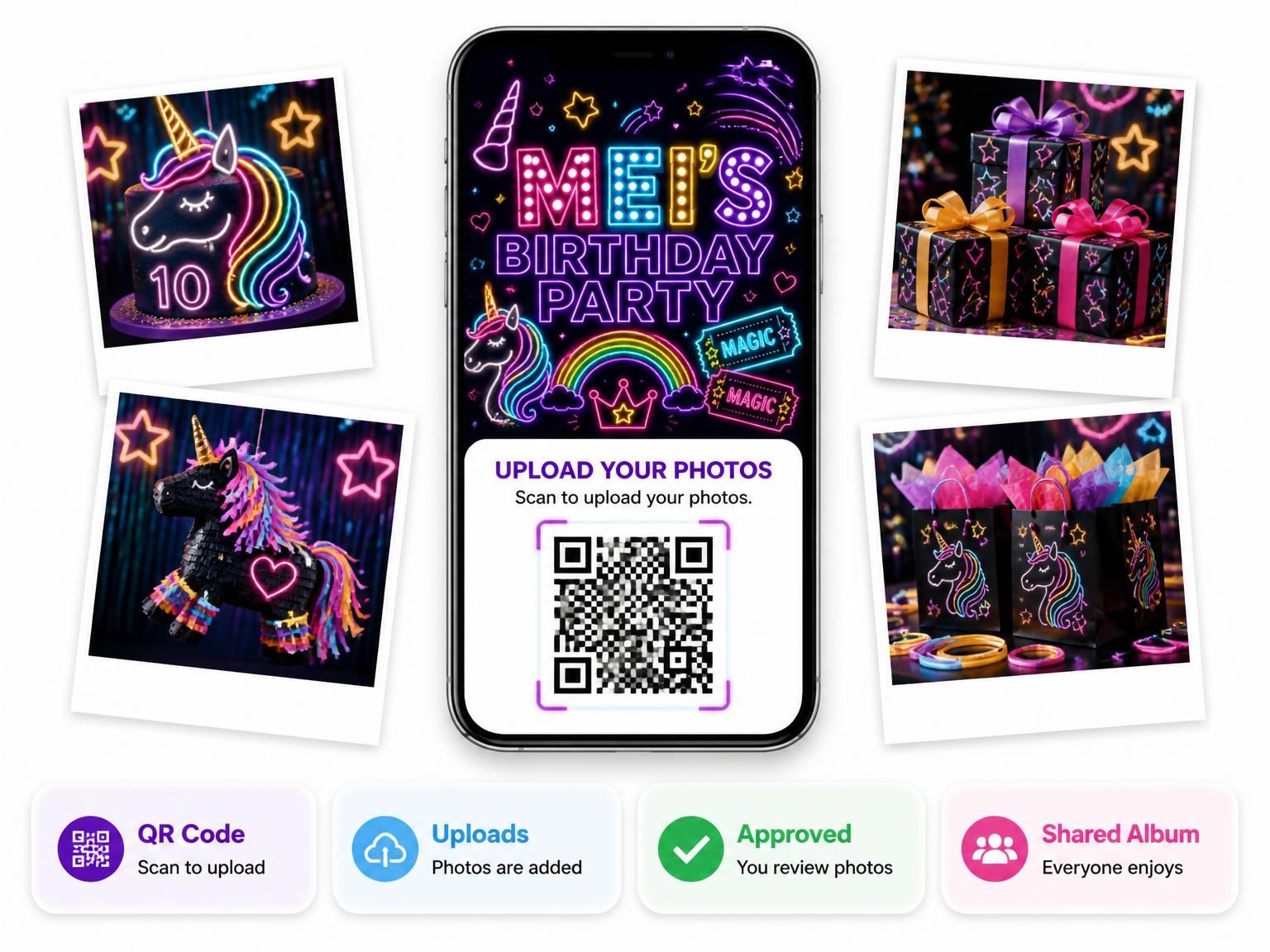 The shared photo gallery that comes with the Neon Unicorn 10th Birthday Invitation invitation