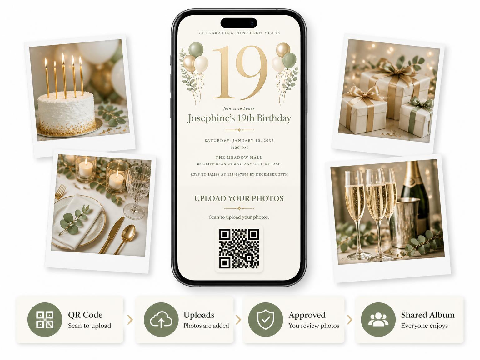 The shared photo gallery that comes with the Sage and Ivory 19th Birthday Invitation invitation