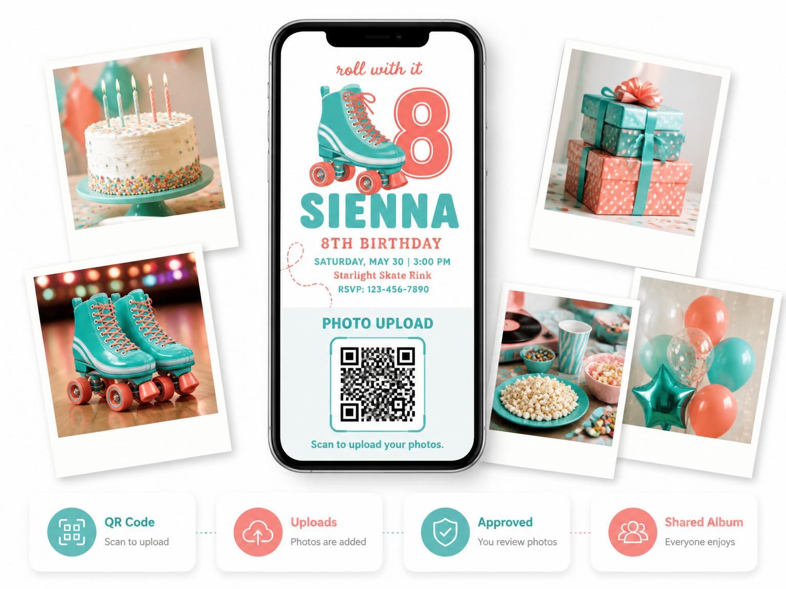 The shared photo gallery that comes with the Teal and Coral Roller Skate 8th Birthday invitation