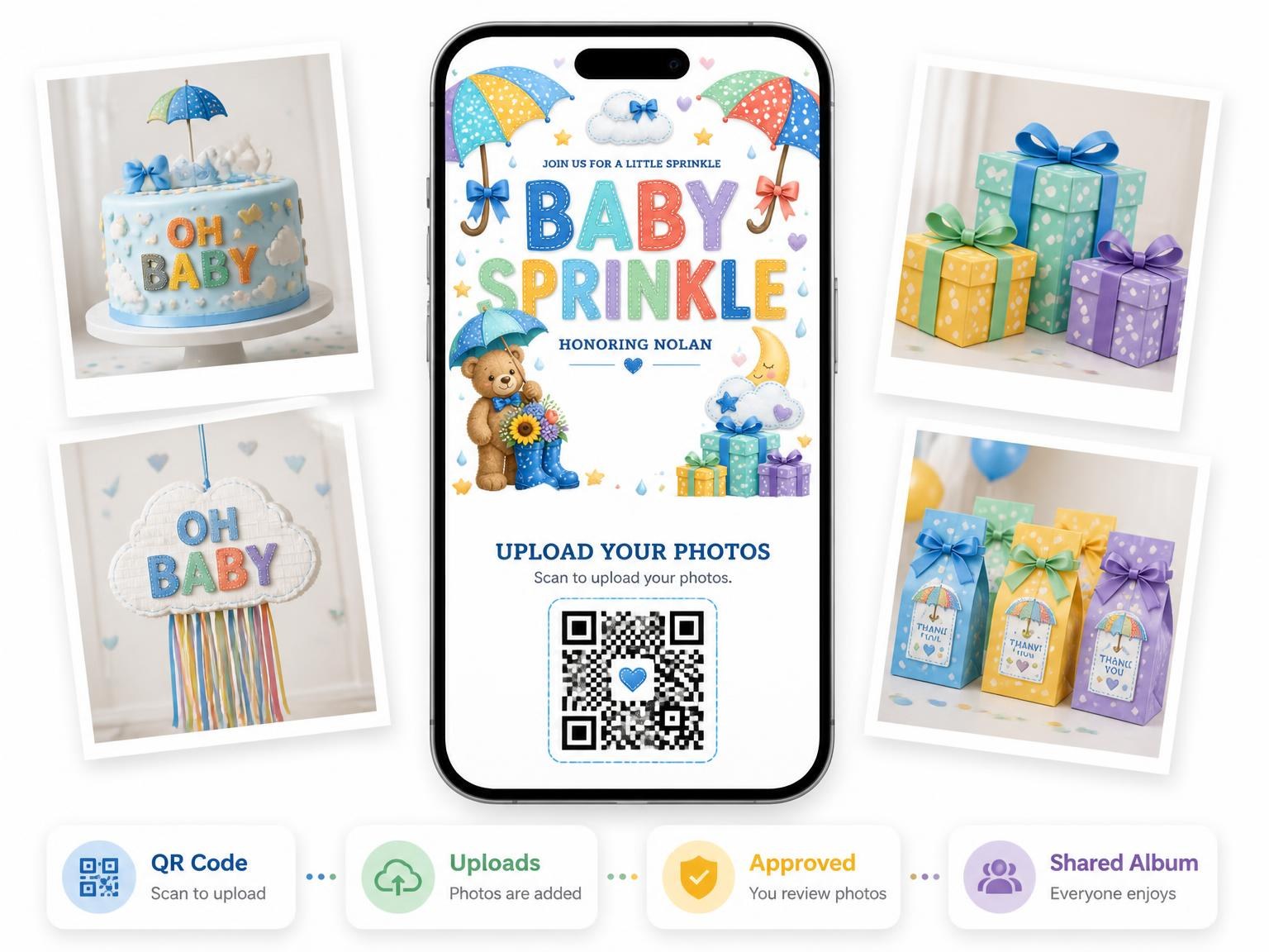 The shared photo gallery that comes with the Cloud Teddy Bear Baby Sprinkle Invitation invitation