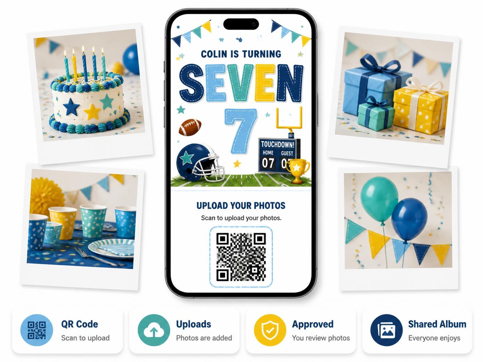 The shared photo gallery that comes with the Goalpost Scoreboard 7th Birthday Invitation invitation