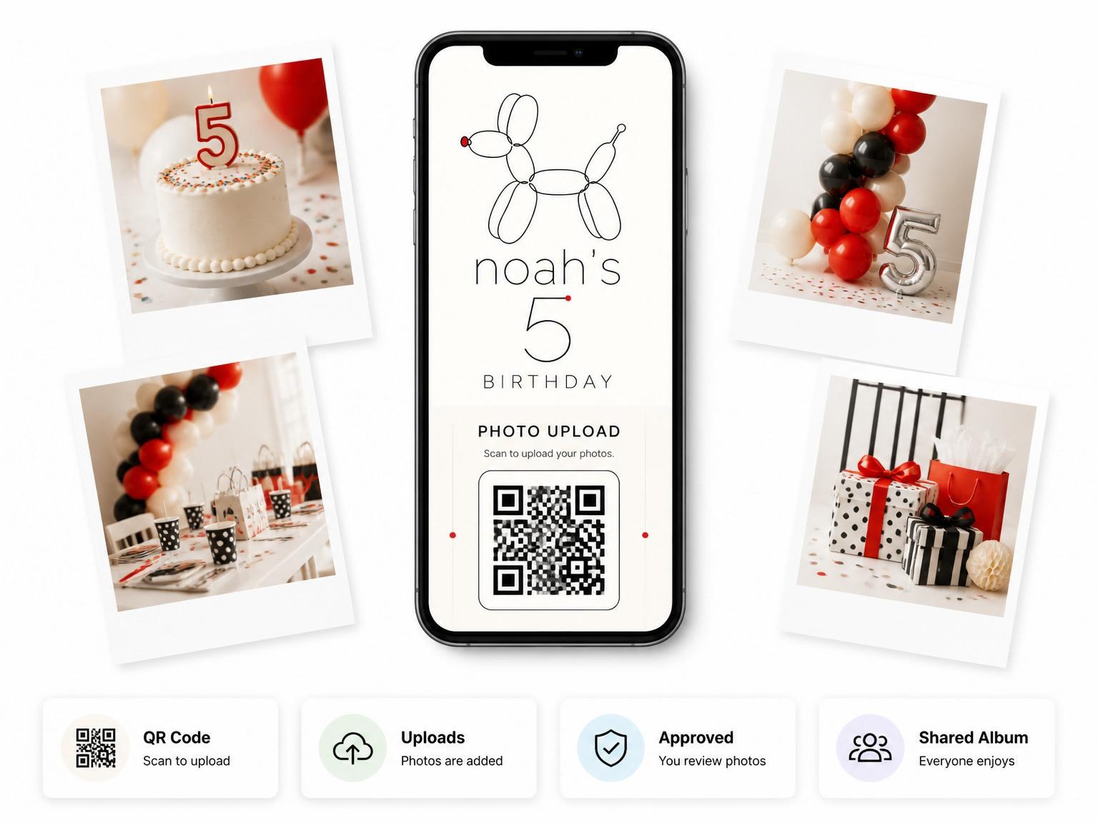 The shared photo gallery that comes with the Minimalist Line Art Balloon Dog Birthday invitation