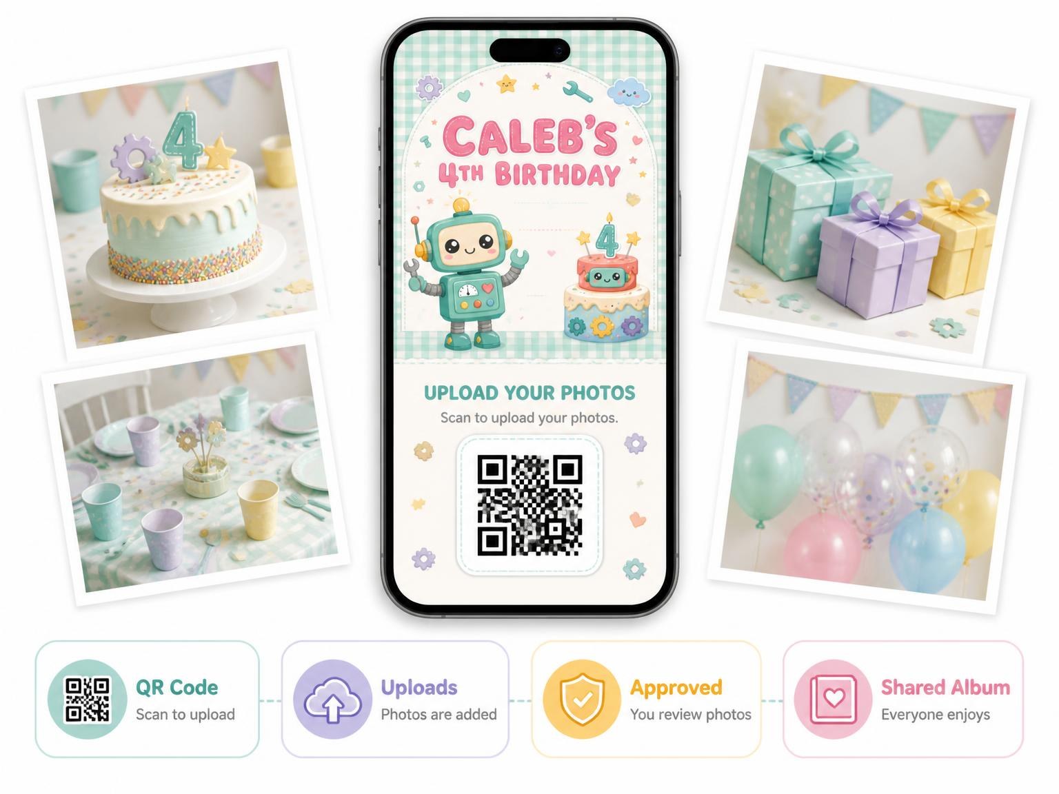The shared photo gallery that comes with the Robot Cake Kawaii 4th Birthday Invitation invitation