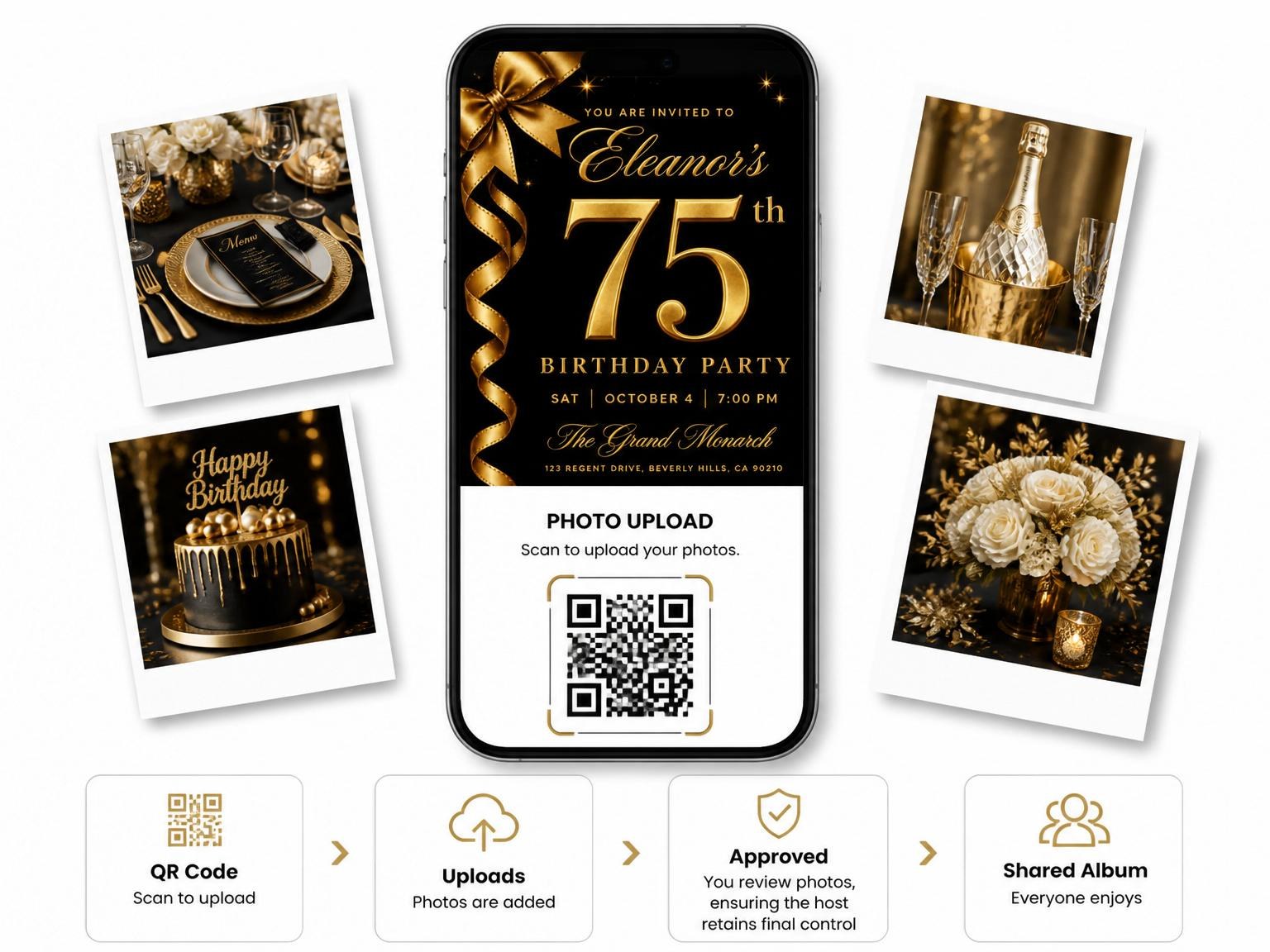 The shared photo gallery that comes with the Gold Bow 75th Birthday Invitation invitation