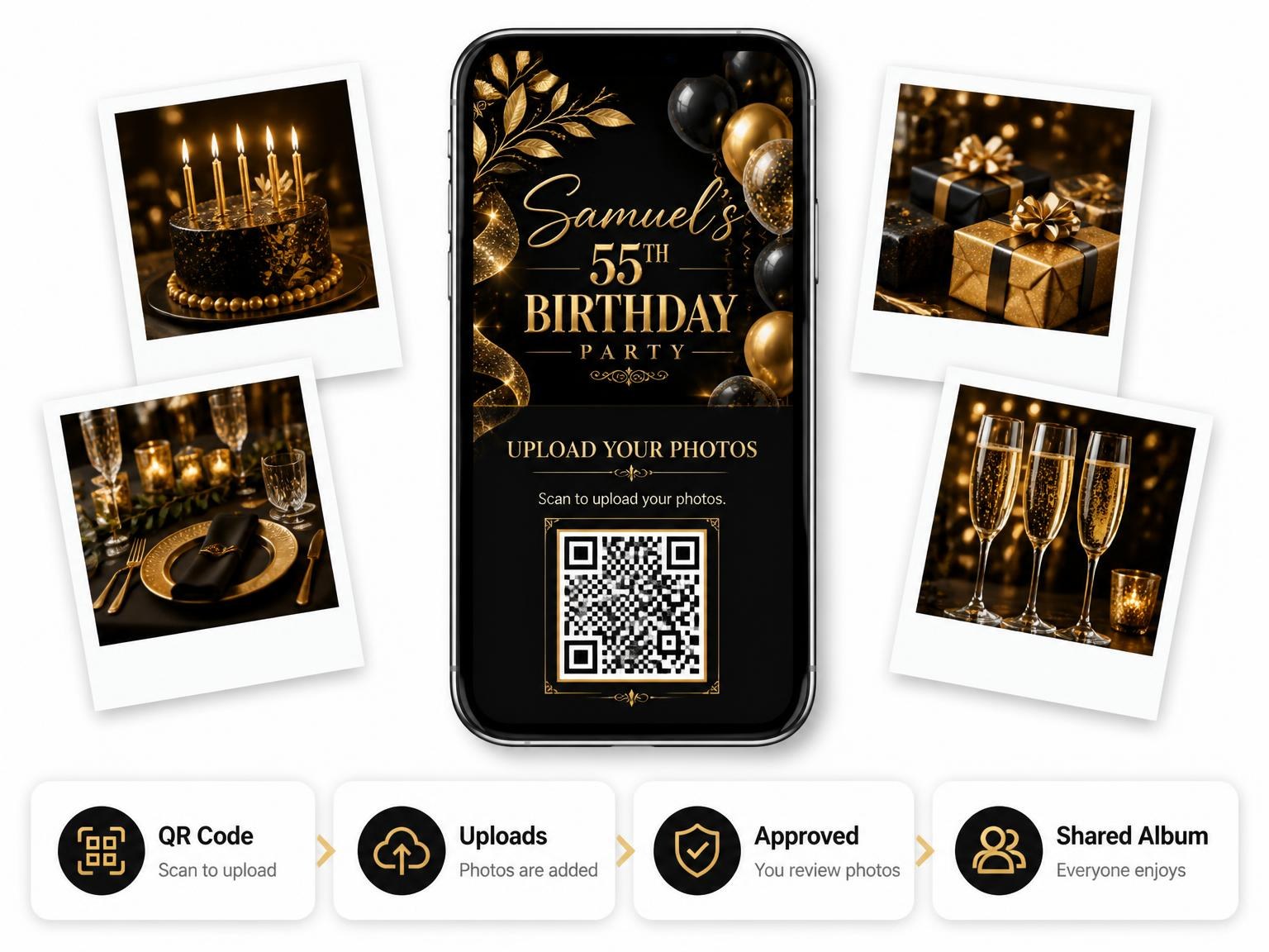 The shared photo gallery that comes with the Black and Gold 55th Birthday Invitation invitation