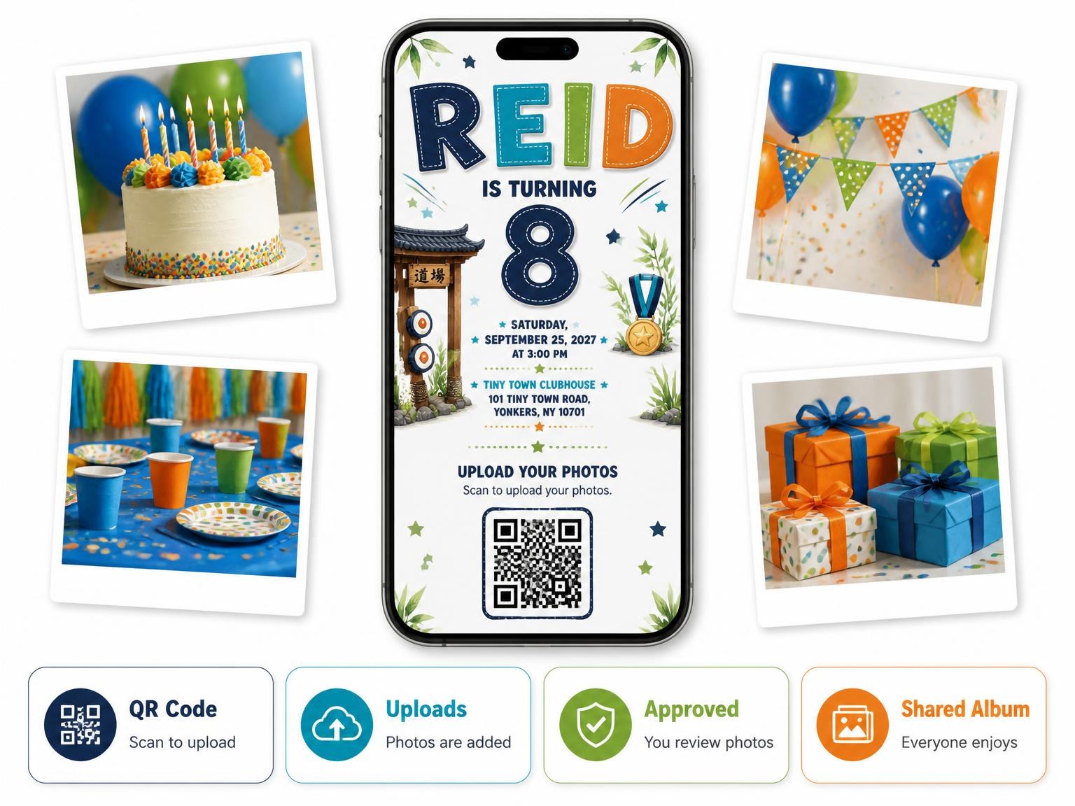 The shared photo gallery that comes with the Ninja Stitched 8th Birthday Invitation invitation