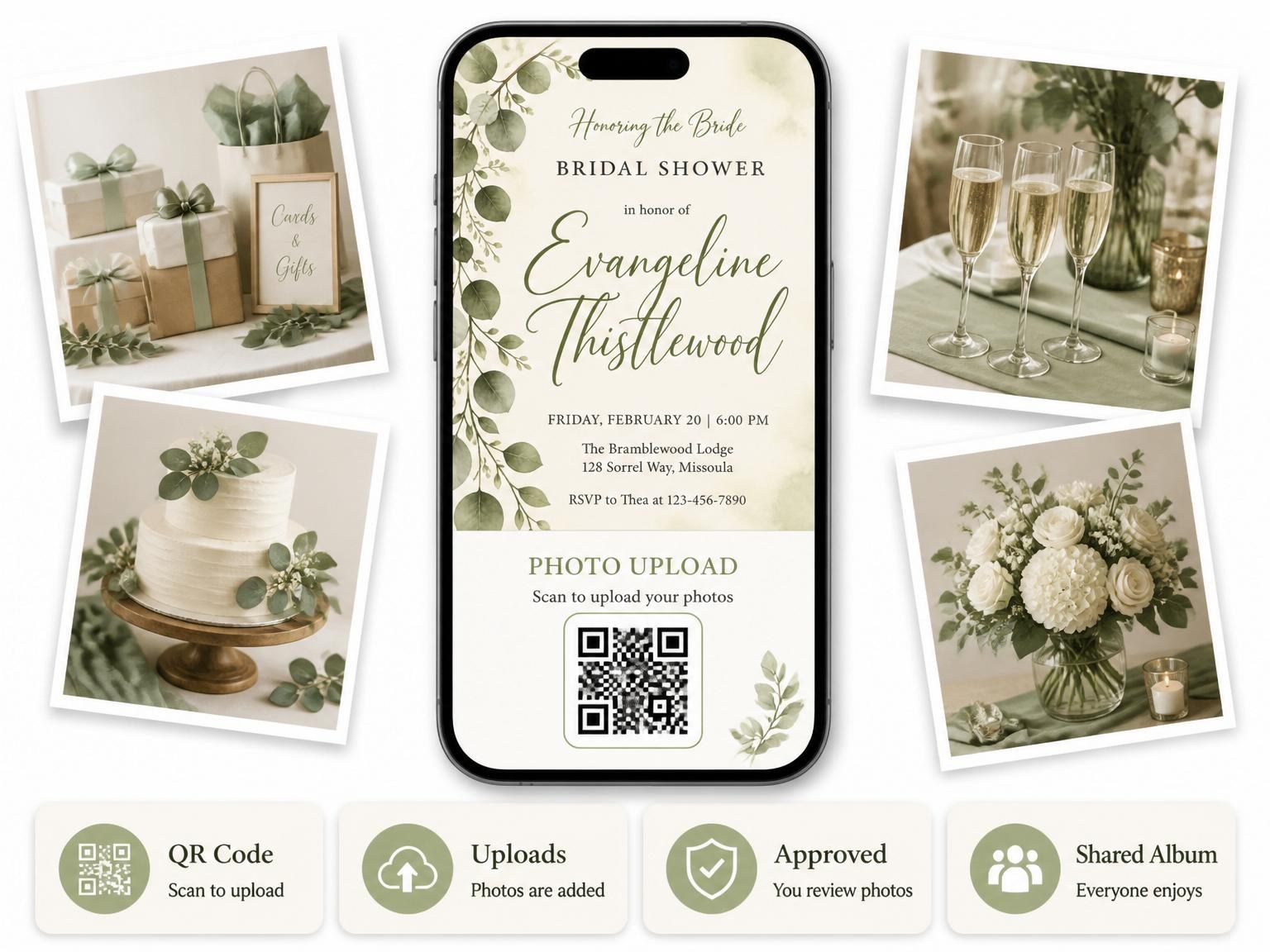 The shared photo gallery that comes with the Watercolor Eucalyptus Bridal Shower Invitation invitation