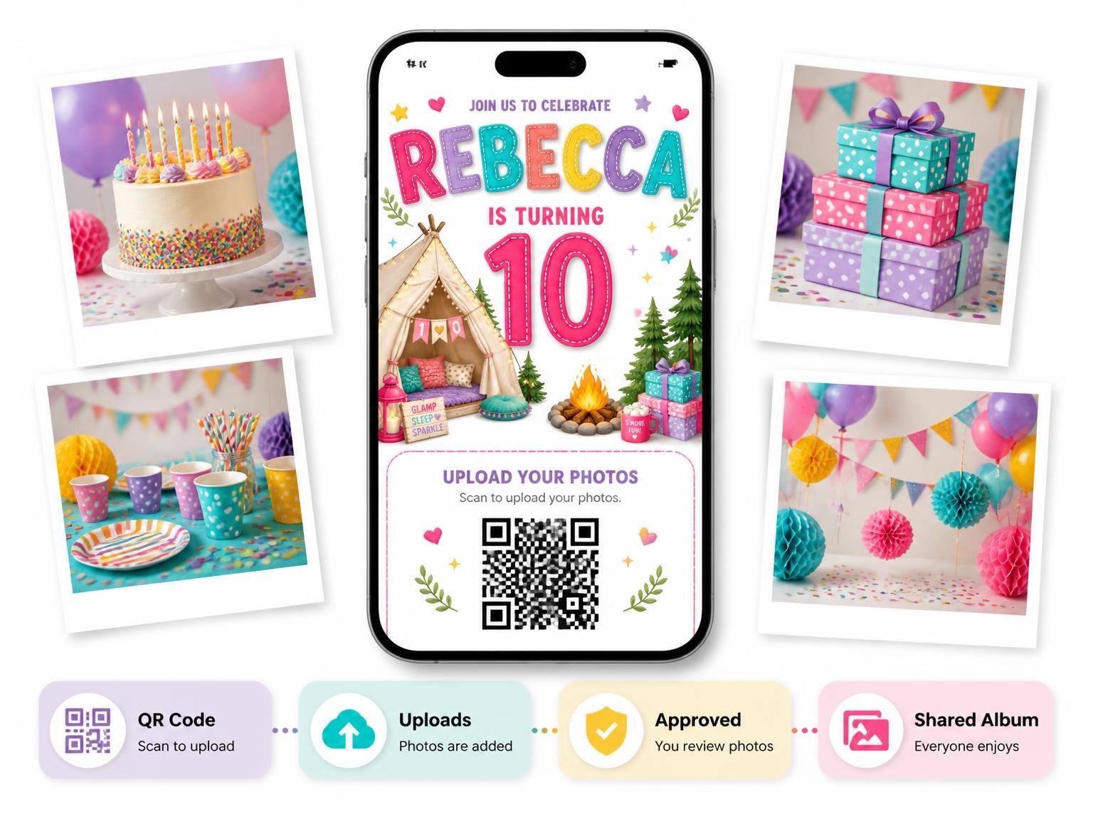 The shared photo gallery that comes with the Roasting Marshmallow 10th Birthday Invitation invitation
