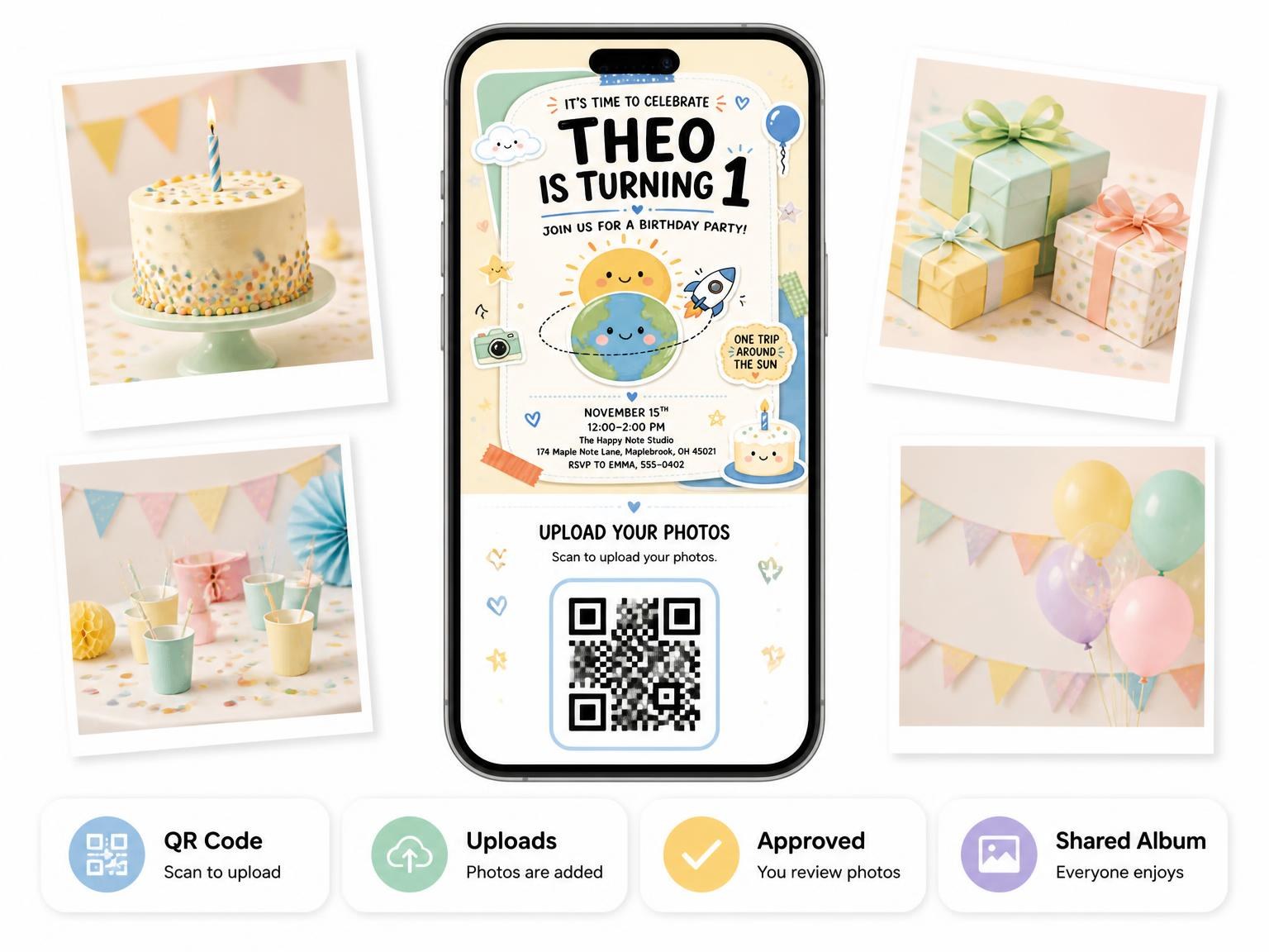 The shared photo gallery that comes with the Earth Sun Pastel 1st Birthday Invitation invitation