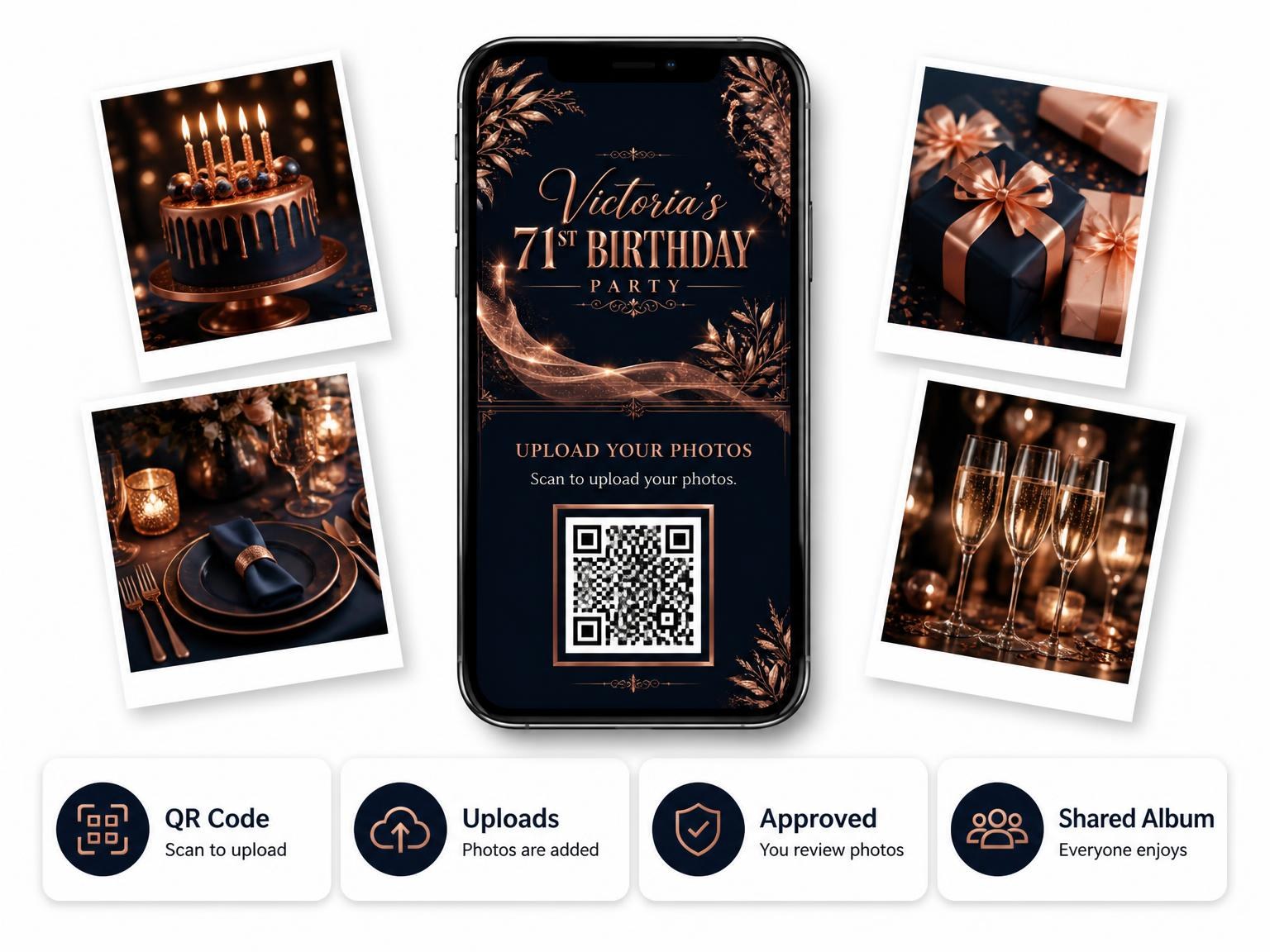 The shared photo gallery that comes with the Navy and Rose Gold 71st Birthday Invitation invitation