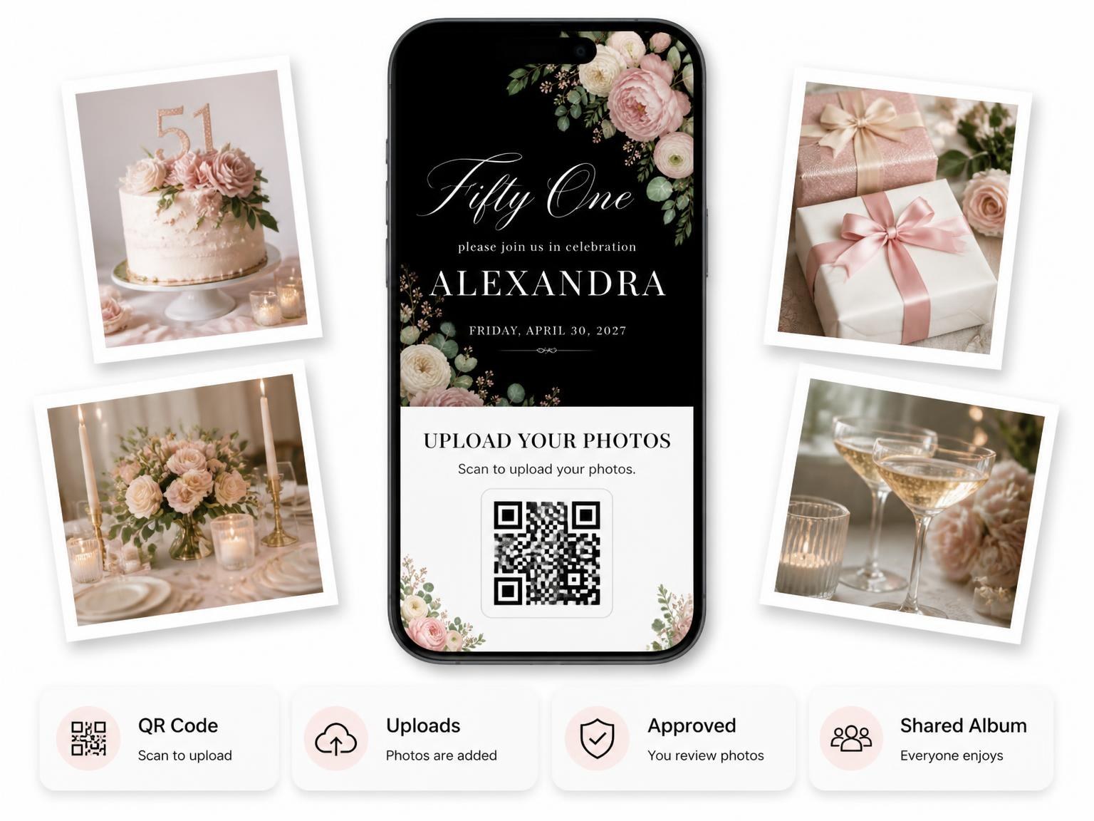 The shared photo gallery that comes with the Black Floral 51st Birthday Invitation invitation