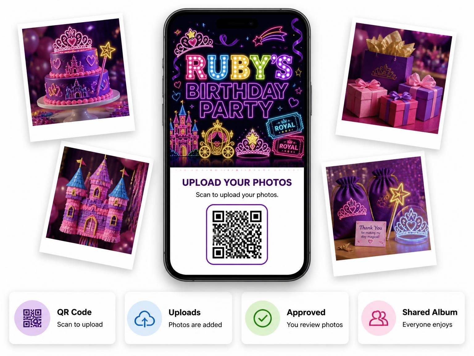 The shared photo gallery that comes with the Neon Princess 22nd Birthday Invitation invitation