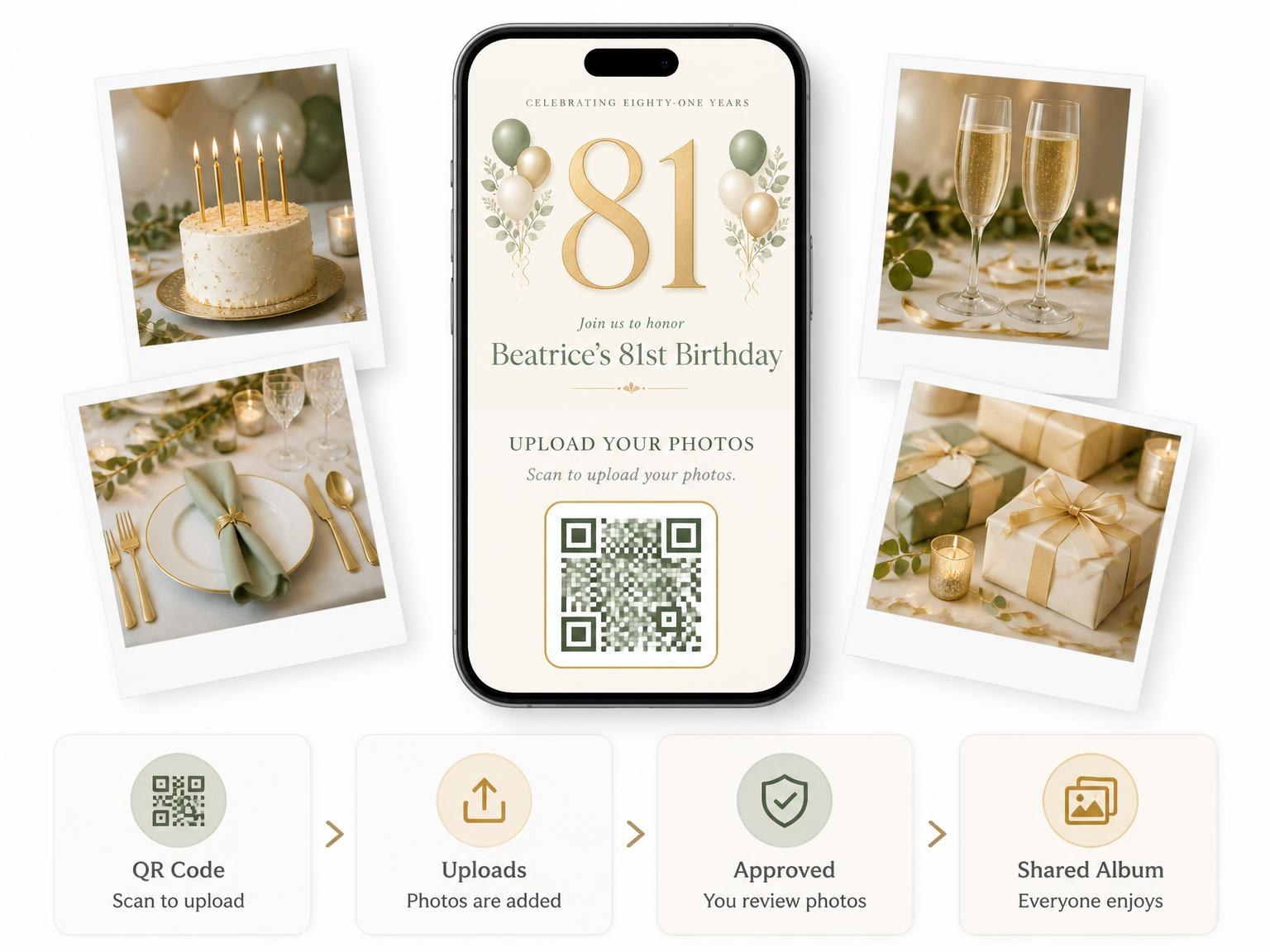 The shared photo gallery that comes with the Sage and Ivory 81st Birthday Invitation invitation
