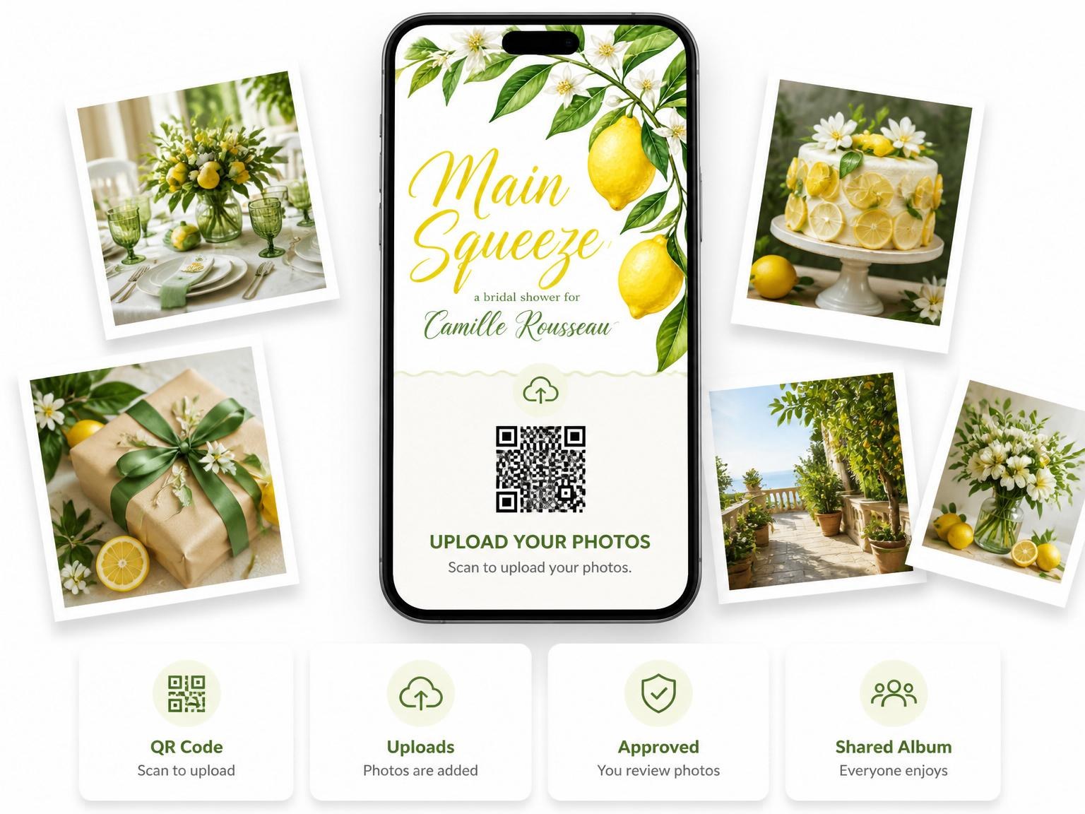 The shared photo gallery that comes with the Watercolor Lemon Branch Bridal Shower invitation