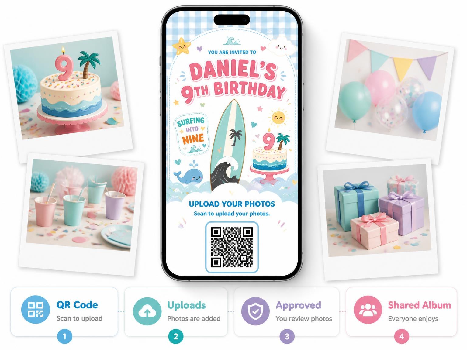 The shared photo gallery that comes with the Surfer Kawaii Pastel 9th Birthday Invitation invitation