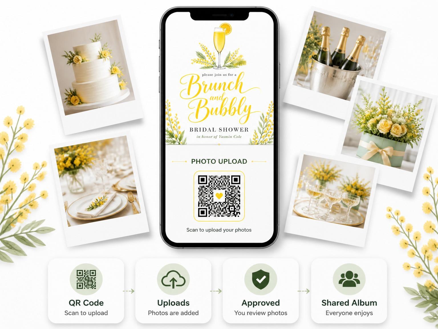 The shared photo gallery that comes with the Watercolor Mimosa Floral Bridal Shower invitation