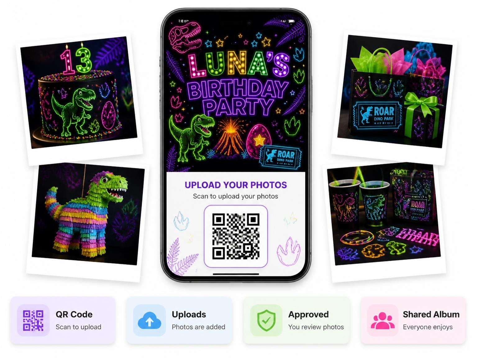 The shared photo gallery that comes with the Neon Dinosaur 13th Birthday Invitation invitation