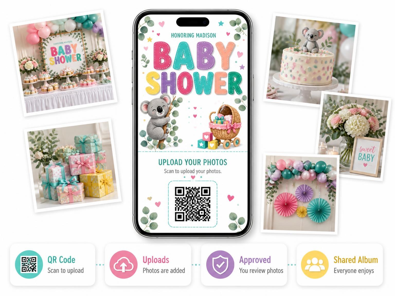 The shared photo gallery that comes with the Eucalyptus Branches Baby Shower Invitation invitation