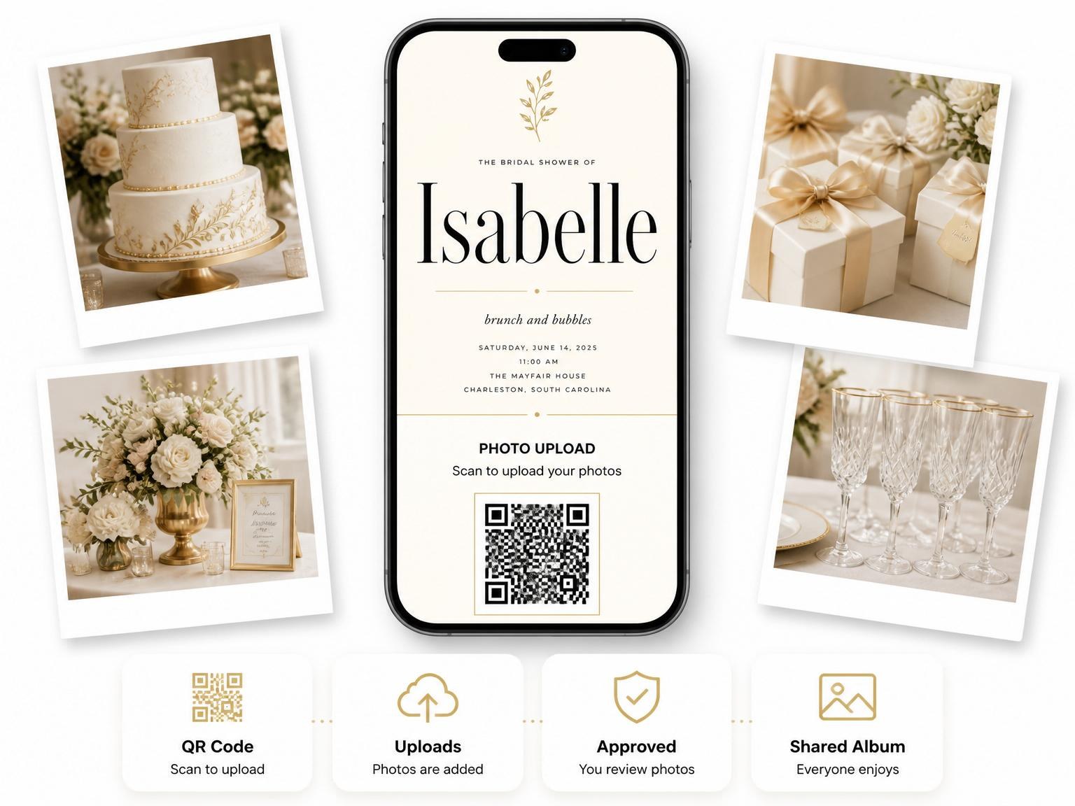 The shared photo gallery that comes with the Gold Botanical Cream Bridal Shower invitation