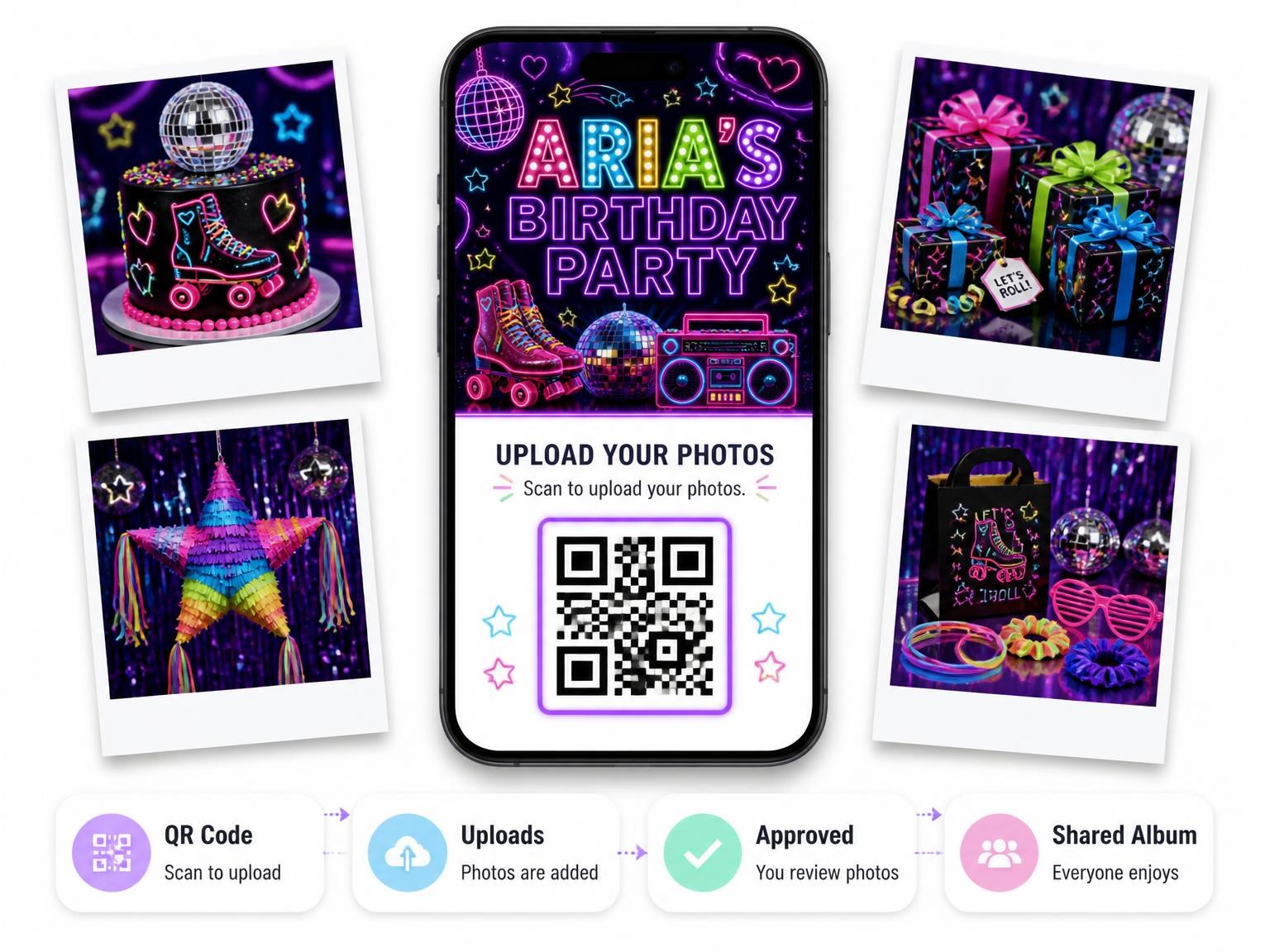 The shared photo gallery that comes with the Neon Roller Disco 3rd Birthday Invitation invitation